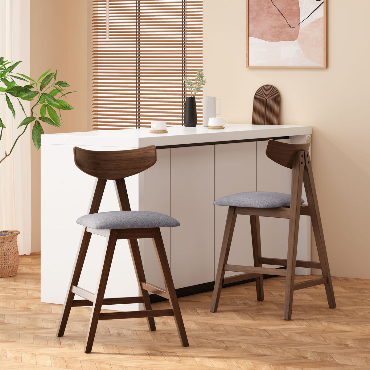 Mid Century Modern Counter Stool With V Shape Frame And Upholstered Seating