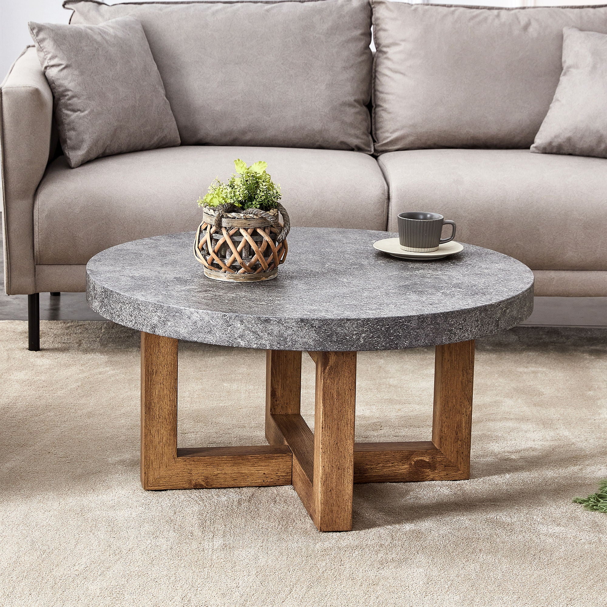 Modern Retro Texture Round Coffee Table With Crossed Legs - Gray