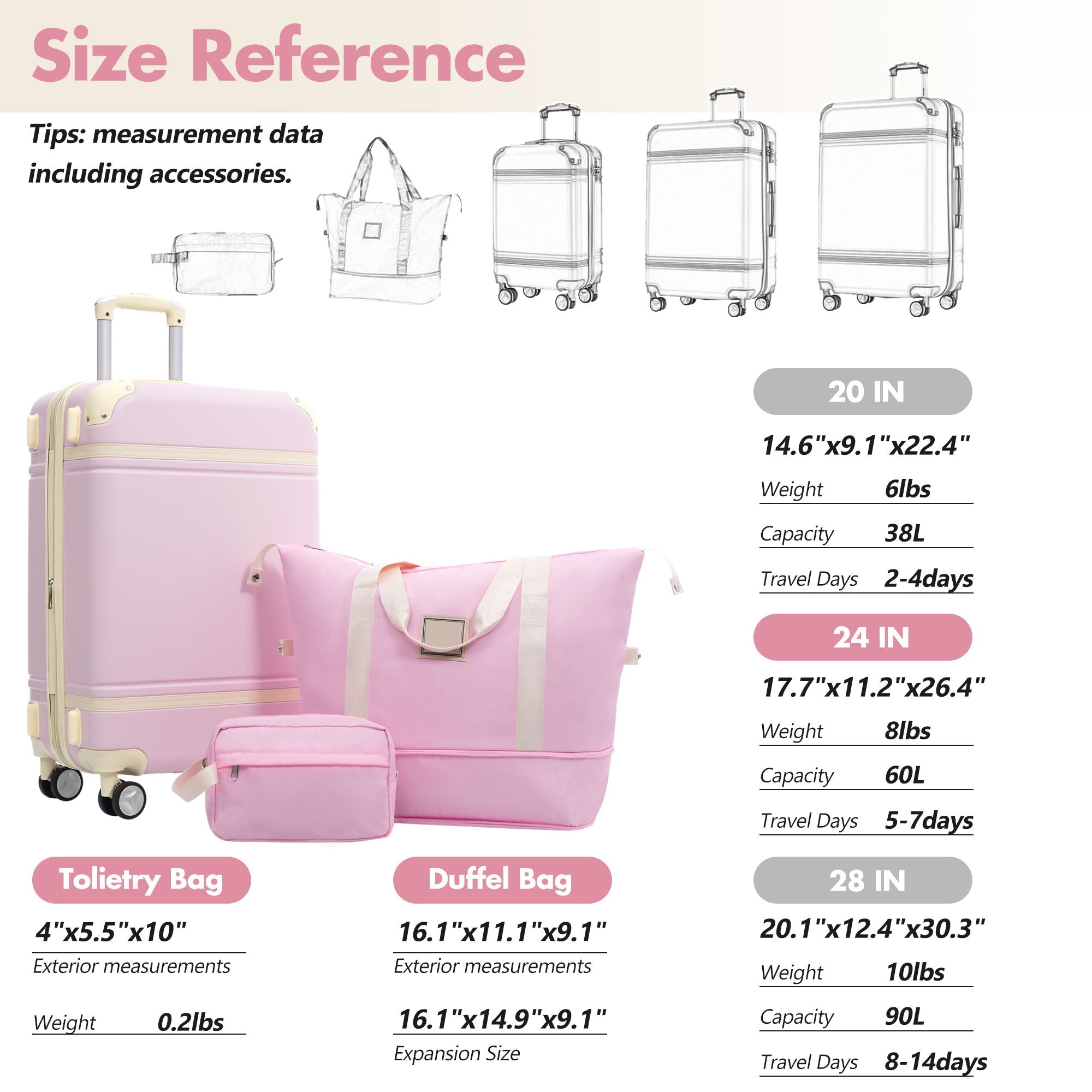 Hardshell Luggage Set With Double Spinner Wheels, Tsa Lock, Lightweight Suitcase, 24" With Bags - Light Pink