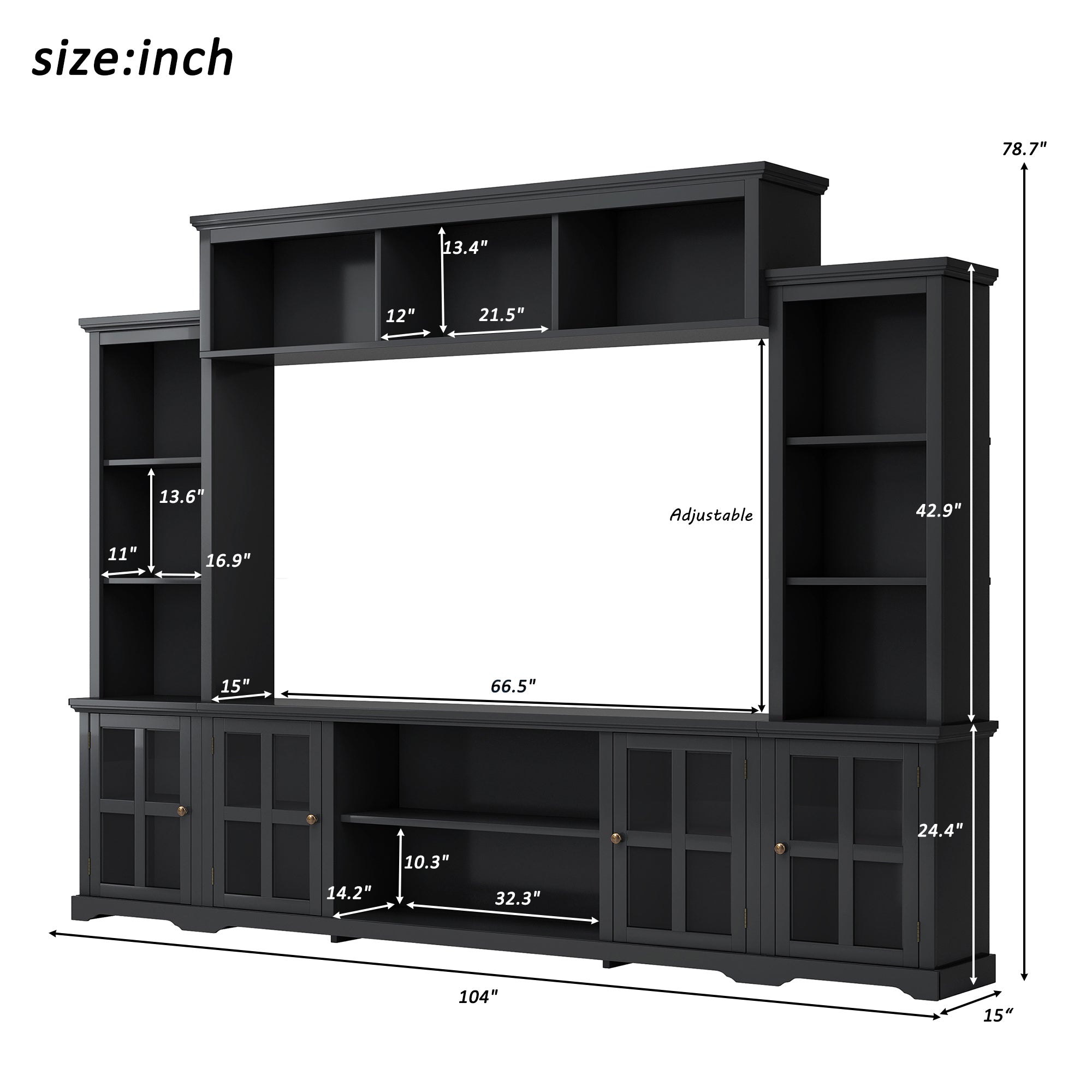 Entertainment Wall Unit with Bridge, Modern TV Console Table for TVs Up to 70" Multifunctional TV Stand with Tempered Glass Door Black