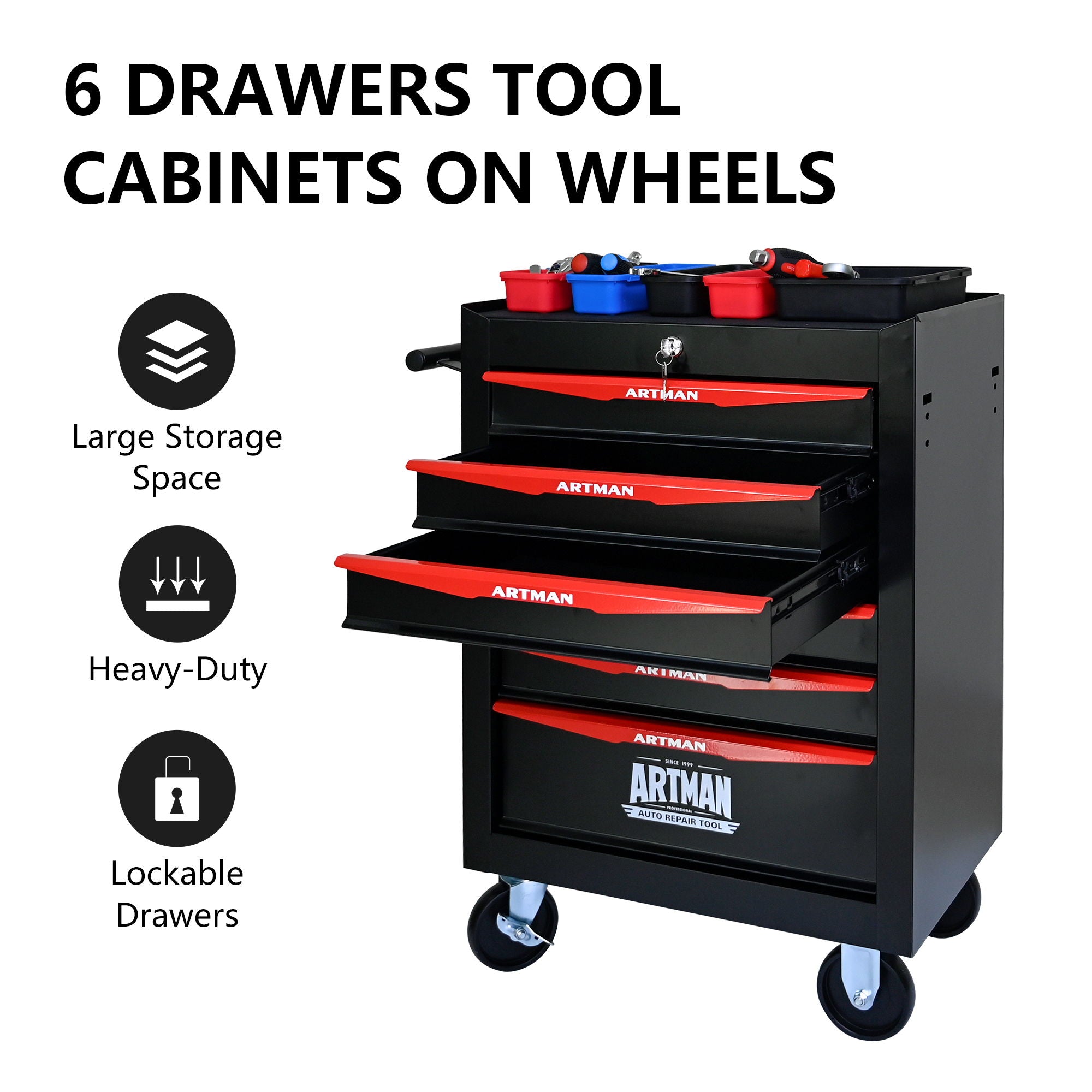 Rolling Metal Tool Chest With Drawers, Steel Storage Cabinet With Ball Bearing Slides