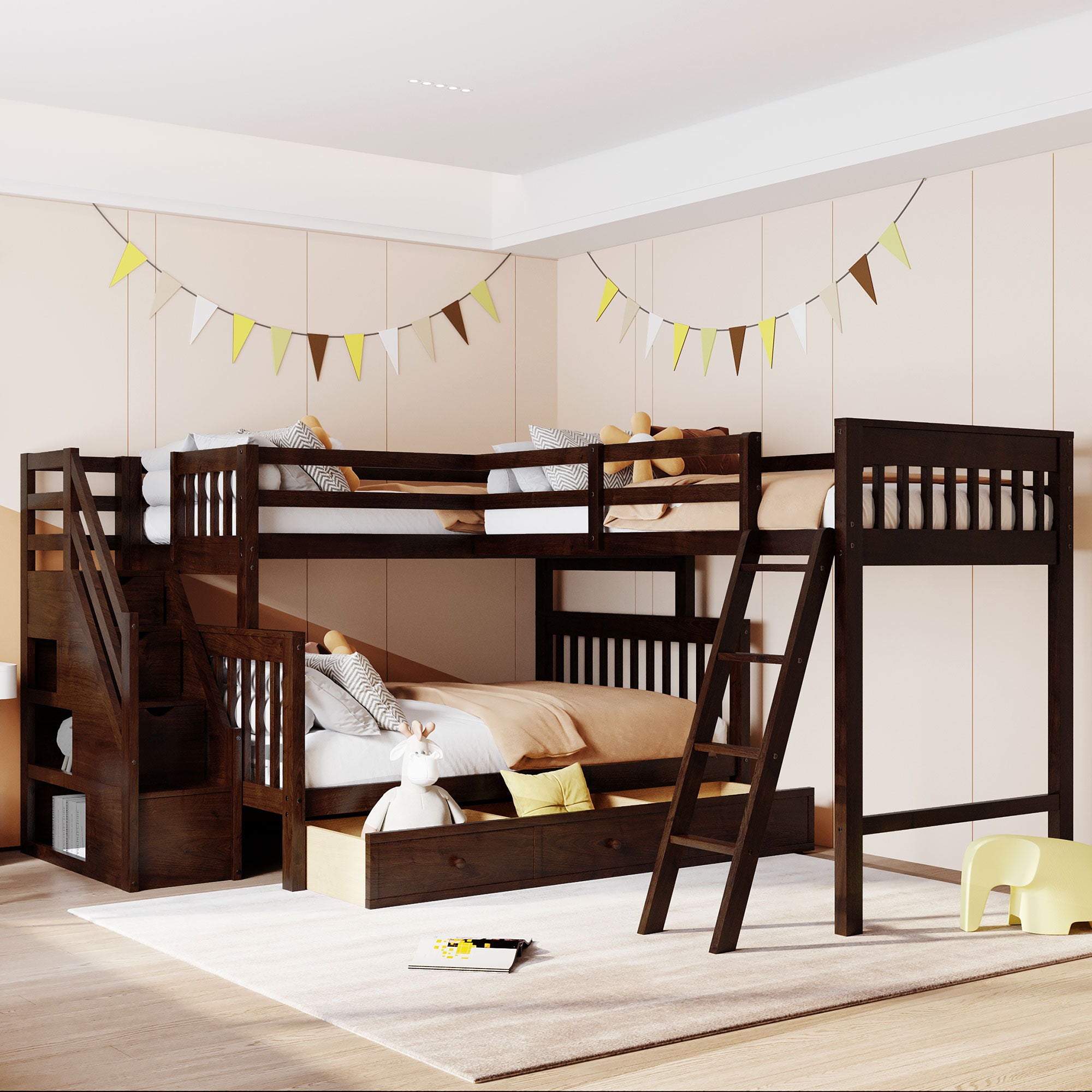 Solid L Shaped Bunk Bed With 3 Drawers, Ladder And Staircase