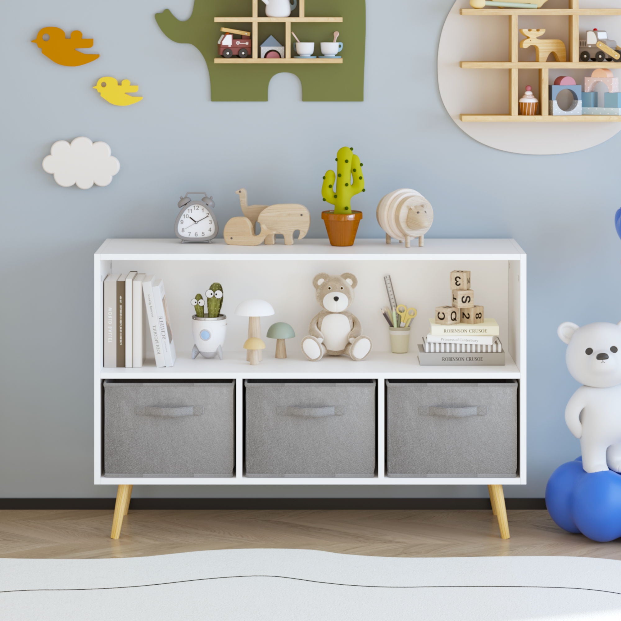 Kids Bookcase With Collapsible Fabric Drawers, Children&
