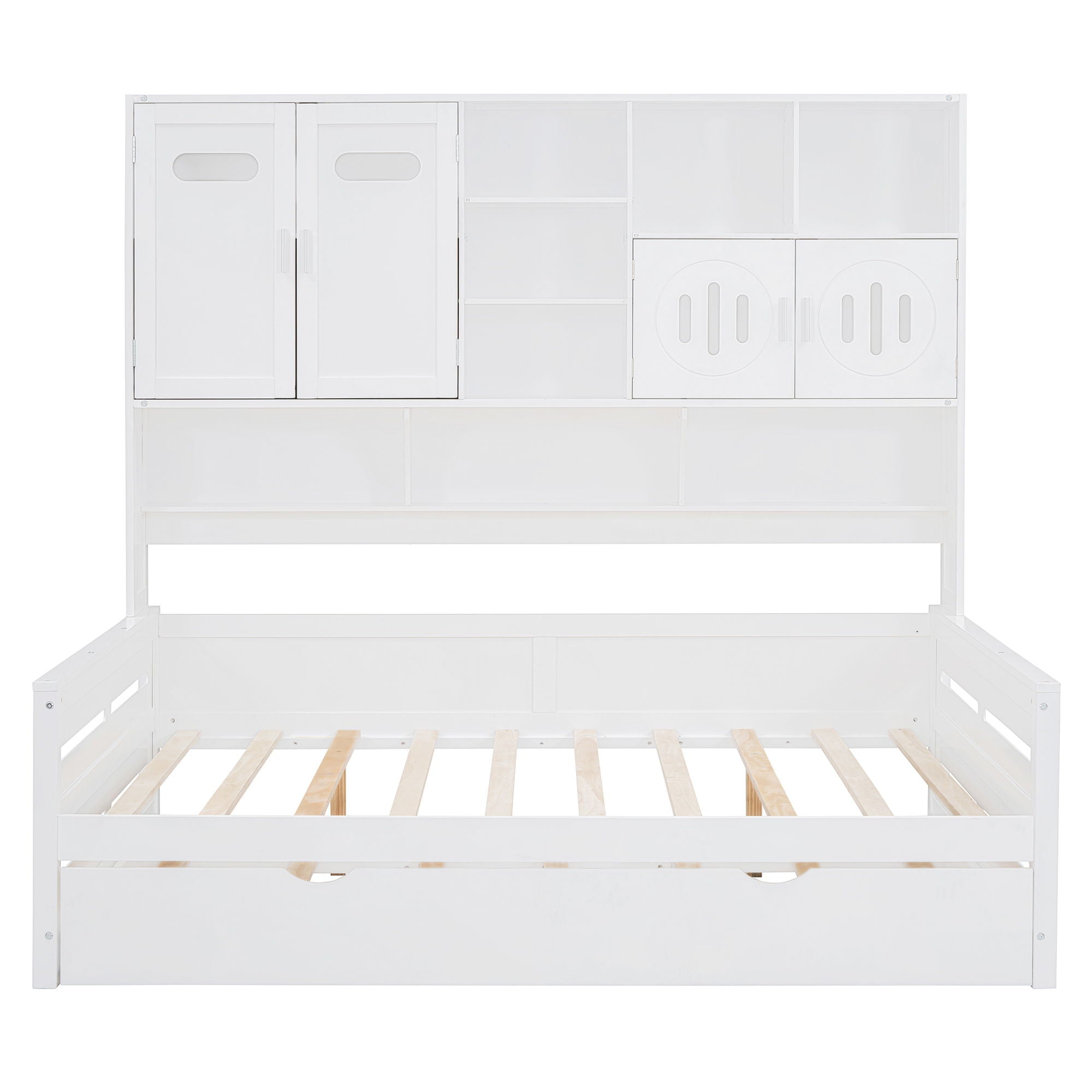 Full Size Wooden Daybed With Twin Size Trundle, And All In One Cabinet And Shelf - White
