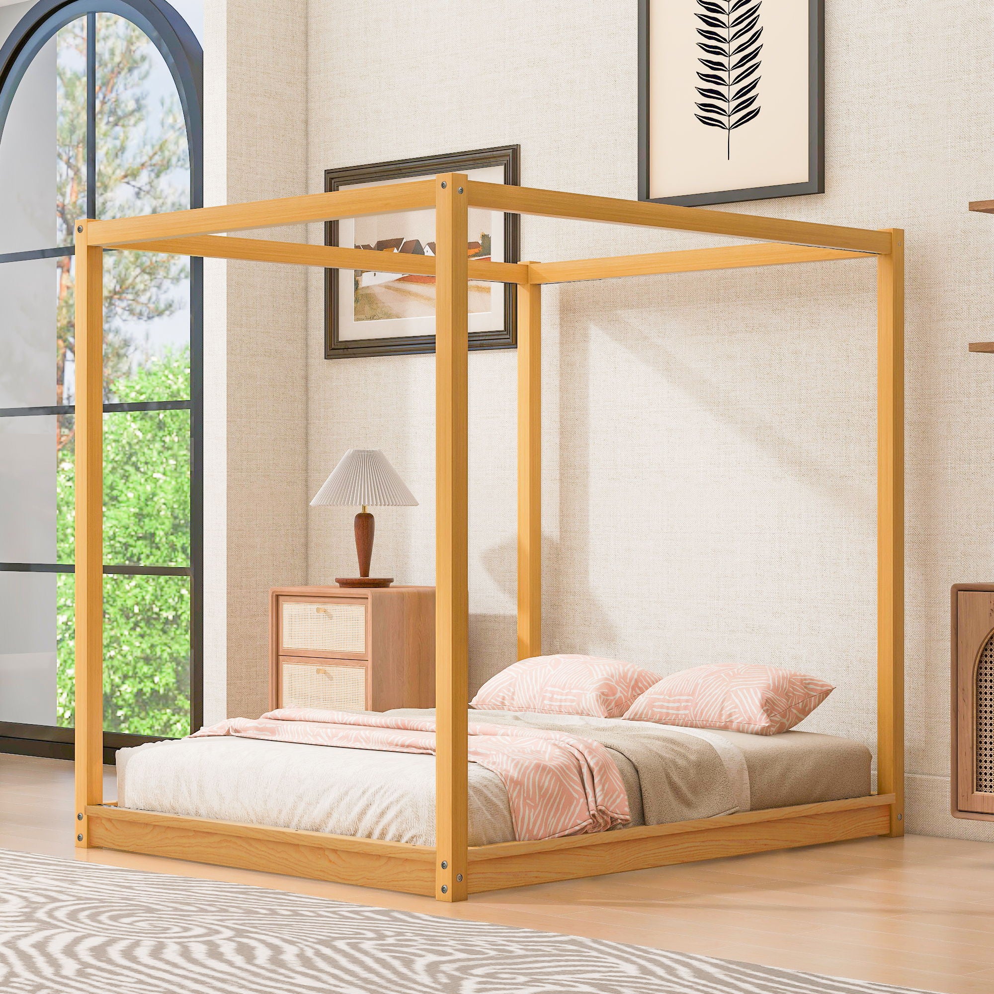Wood Canopy Platform Bed With Support Legs And Airflow Slats