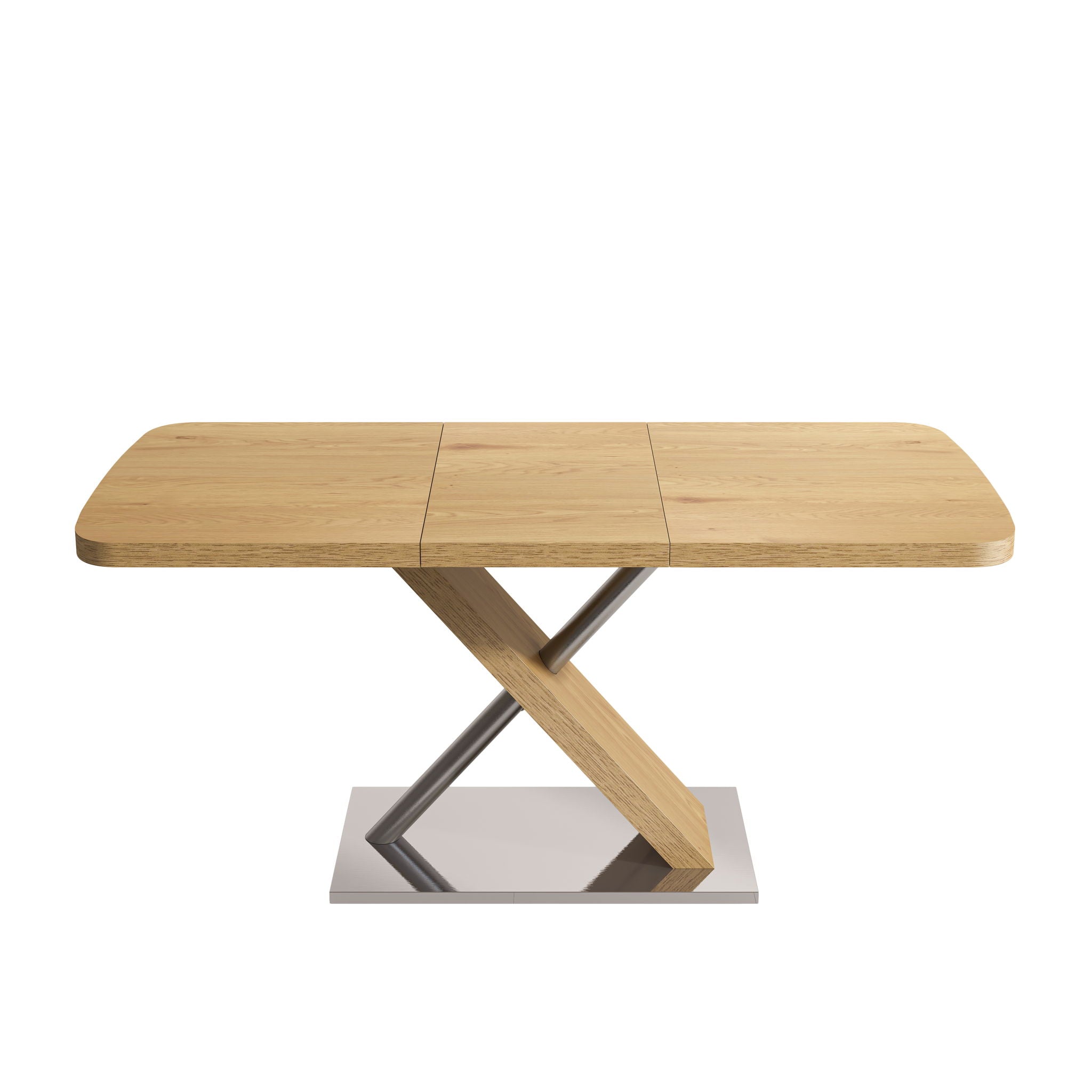 Retractable Square Dining Table, Seating 4 - 6 People, Cross Base With Stainless Steel Tubing, Expandable - Natural