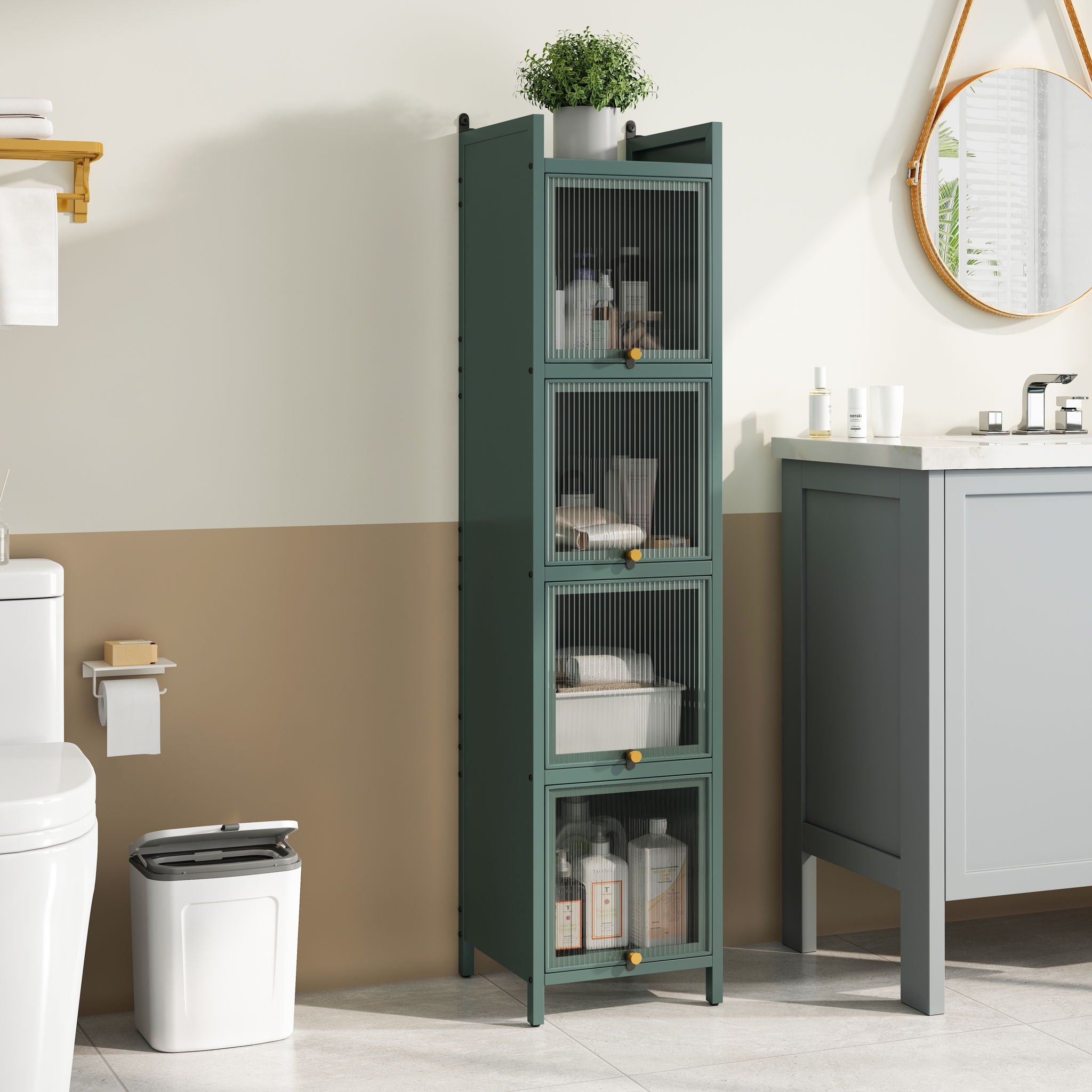 Glass Door Cabinet With Tier Storage