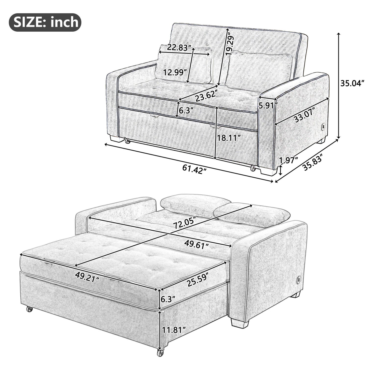 Upholstered Sleeper Bed Sofa With Dual USB Charging, Adjustable Backrest
