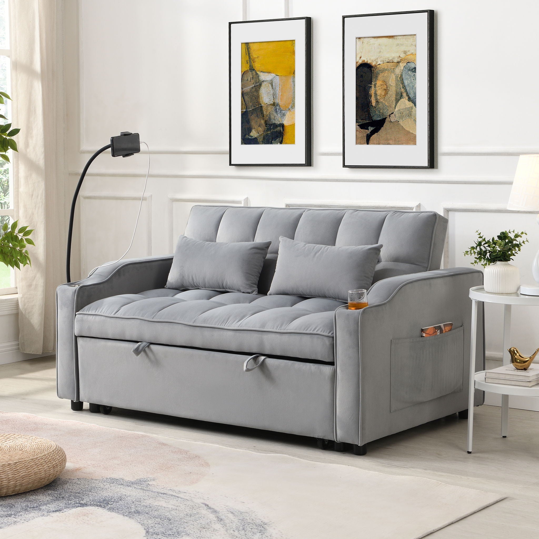 Modern Velvet Loveseat With Pullout Bed, Adjustable Reclining Backrest
