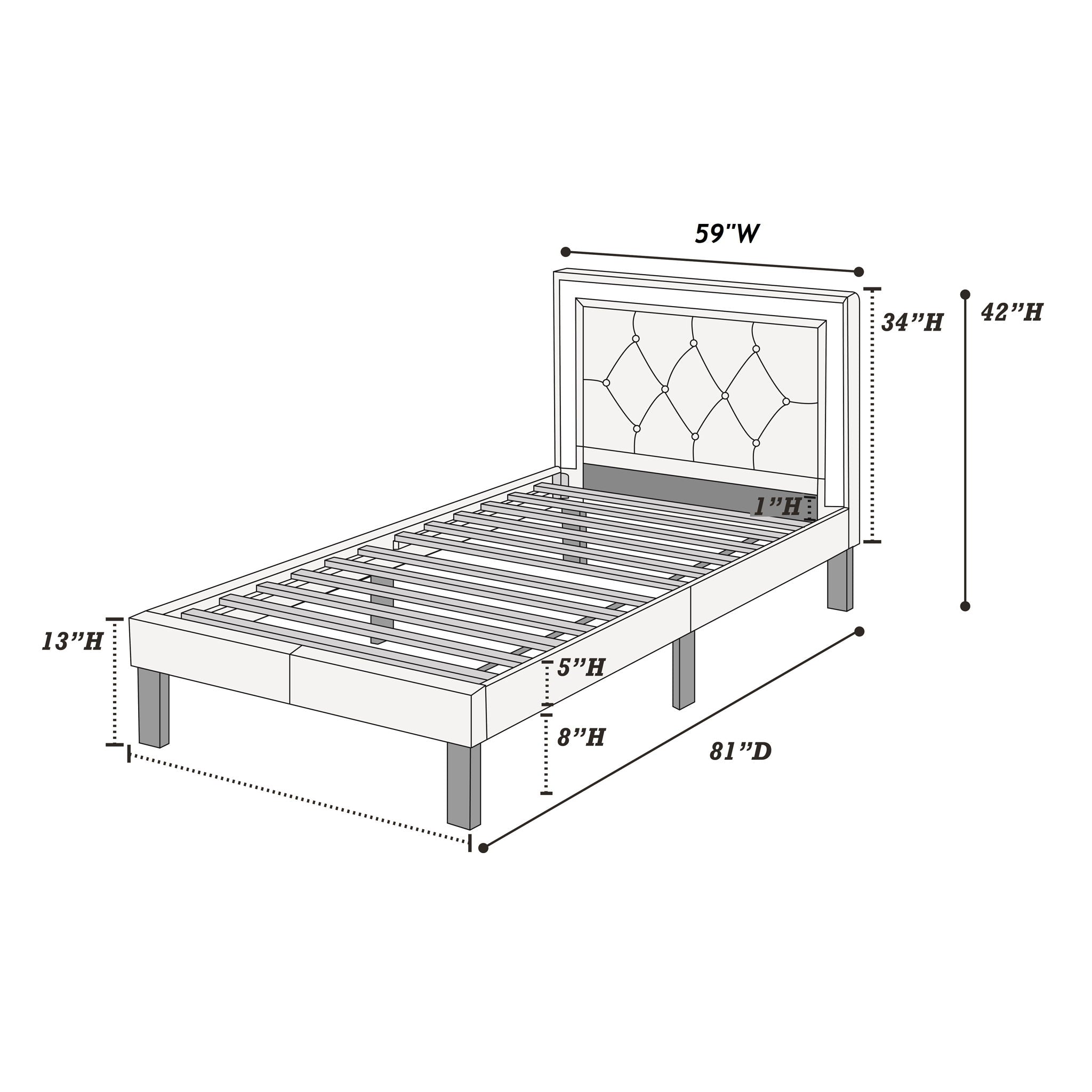 Glamours Style Bed With Diamond Tufted Padded Headboard