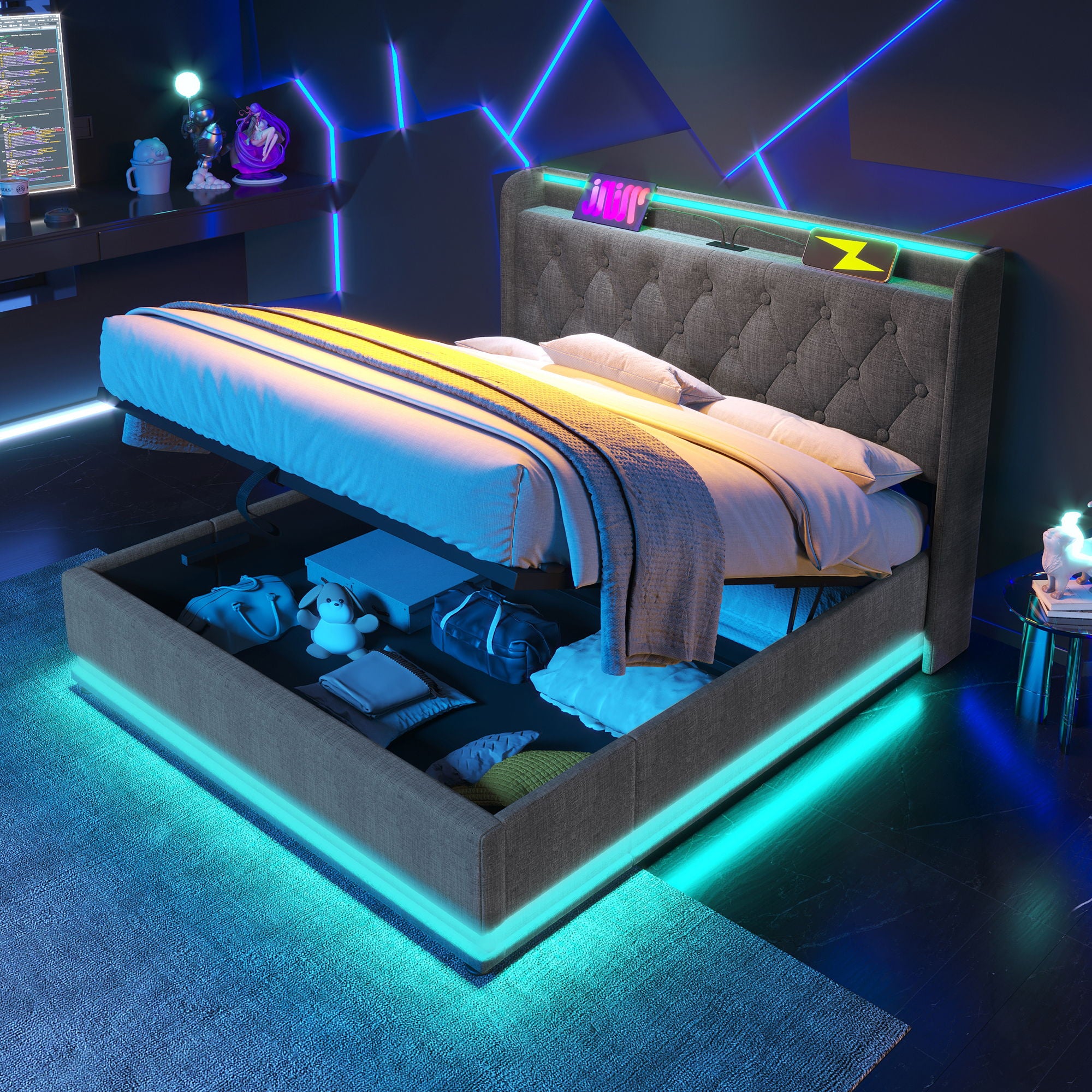 Upholstered Bed, 360 Surround LED Function, Remote Control, Hydraulic Storage Bed With USB, Type-C Charging (Without Mattress)