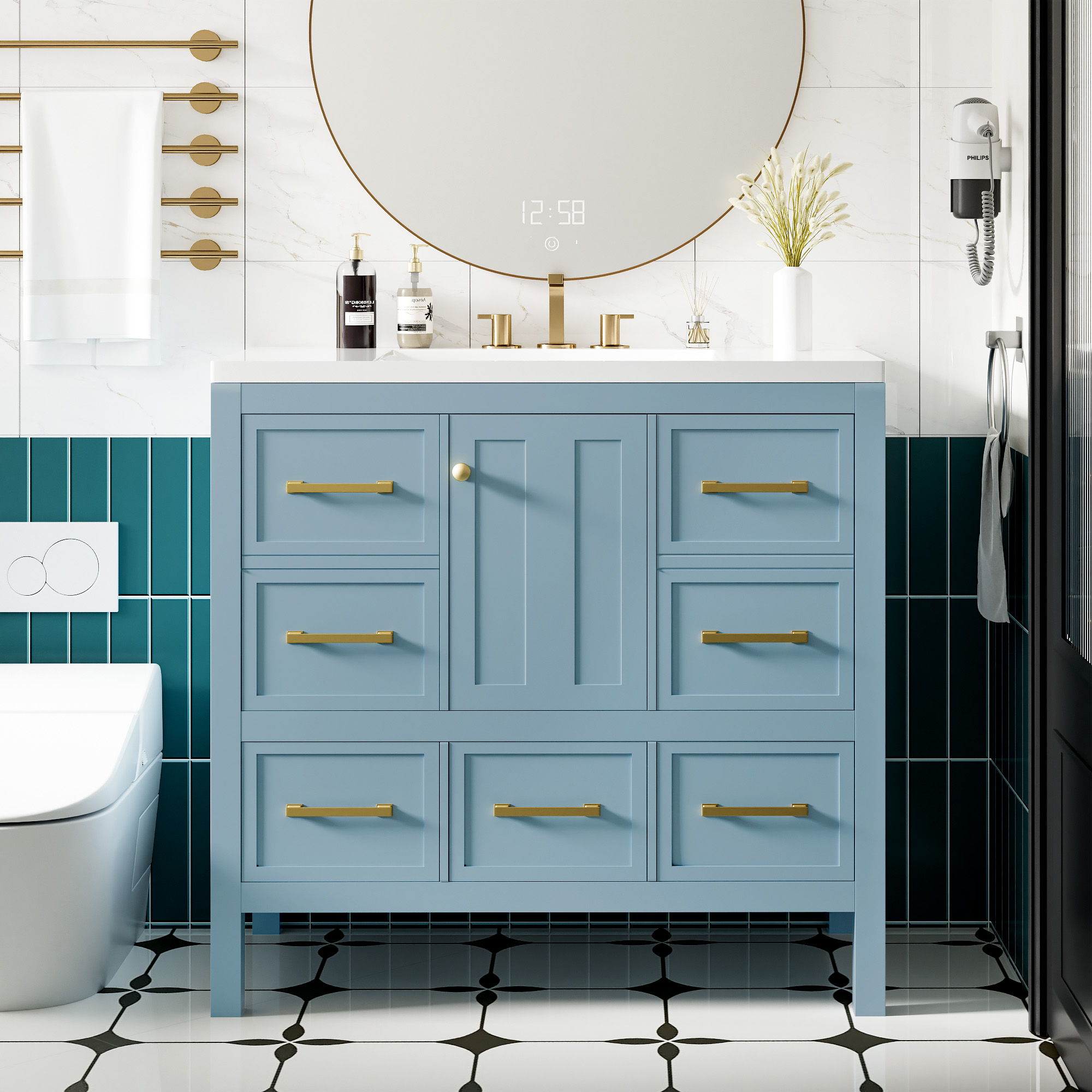 Bathroom Vanity With Resin Sink Combo, Freestanding Set With 5 Drawers