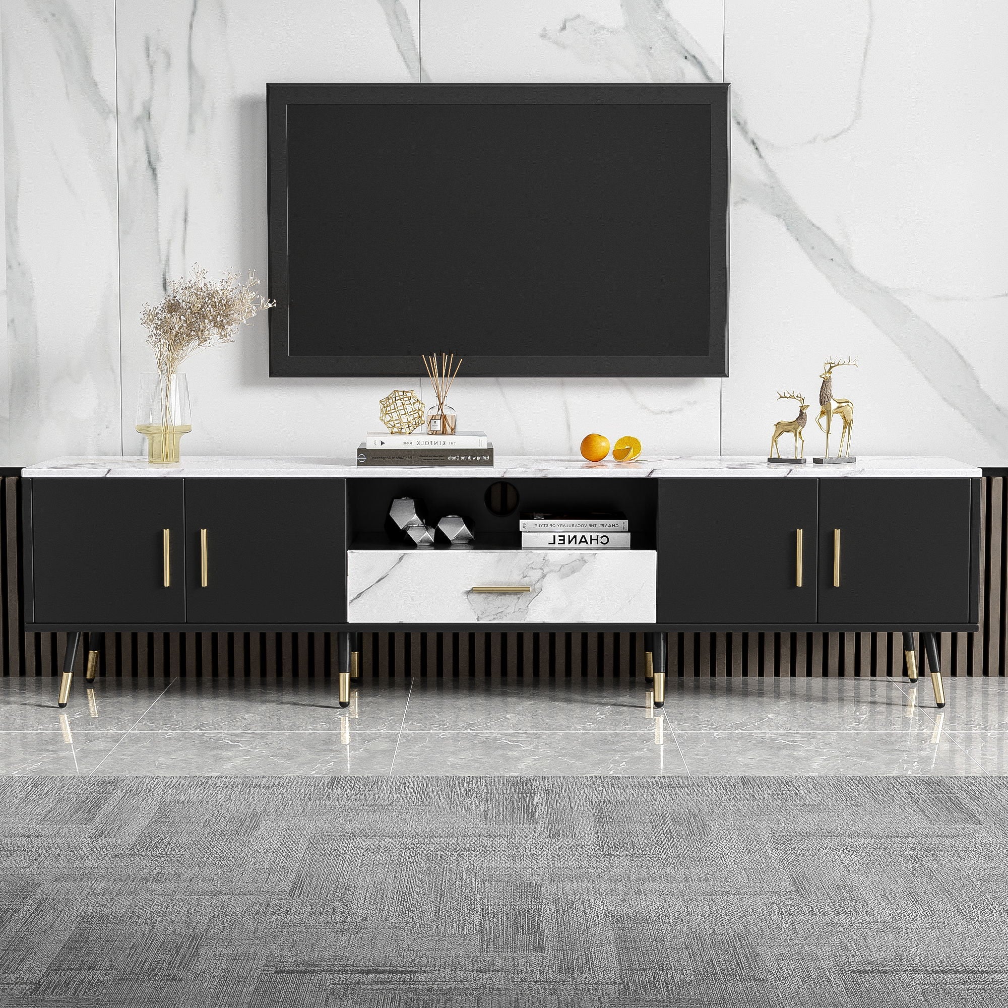 Modern TV Stand With 2 Cabinets & Open Compartments, Entertainment Center For Tvs Up To 80&