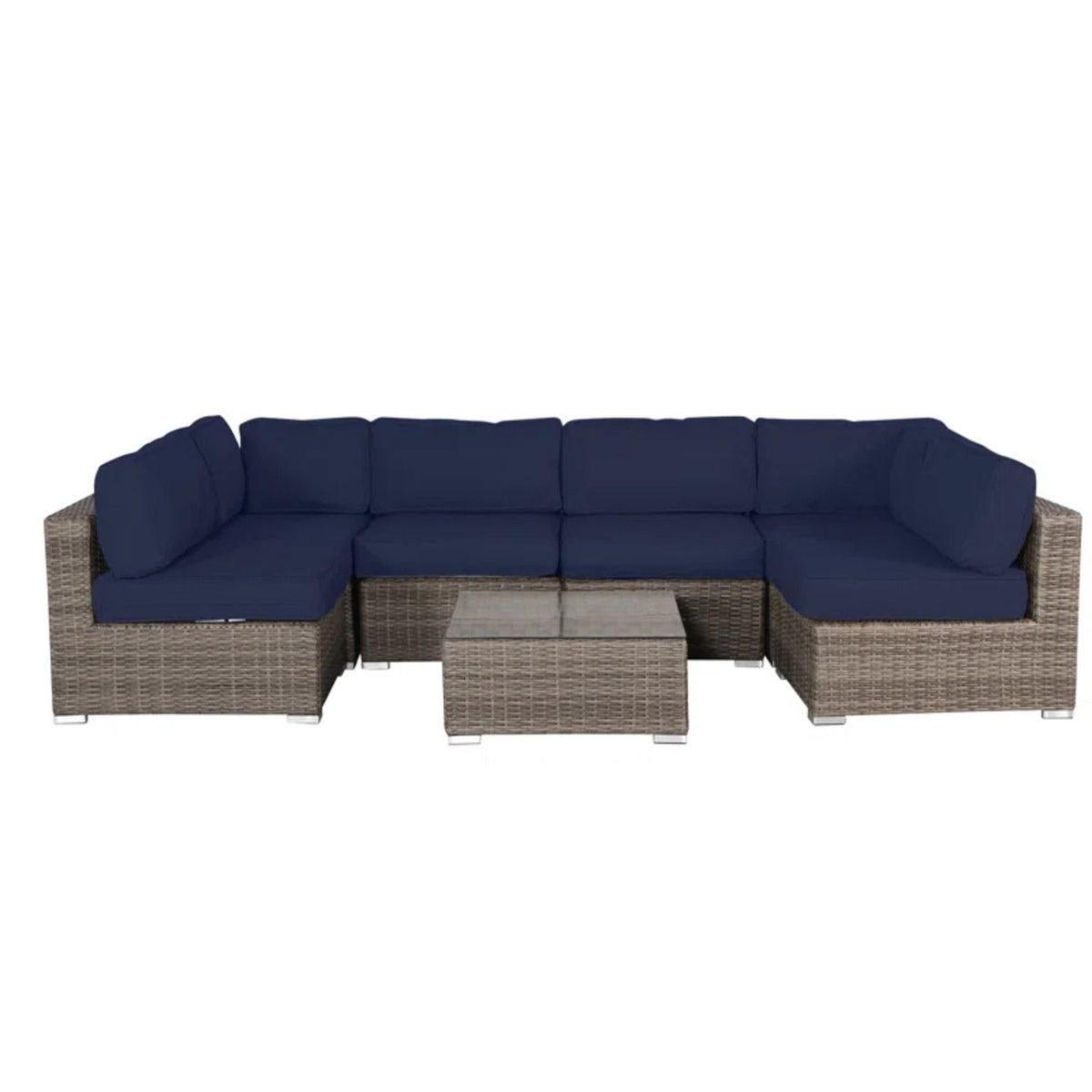6 Person Outdoor Sofa Set With Premium Cushions, All Weather Wicker - Dark Blue / Gray Mix