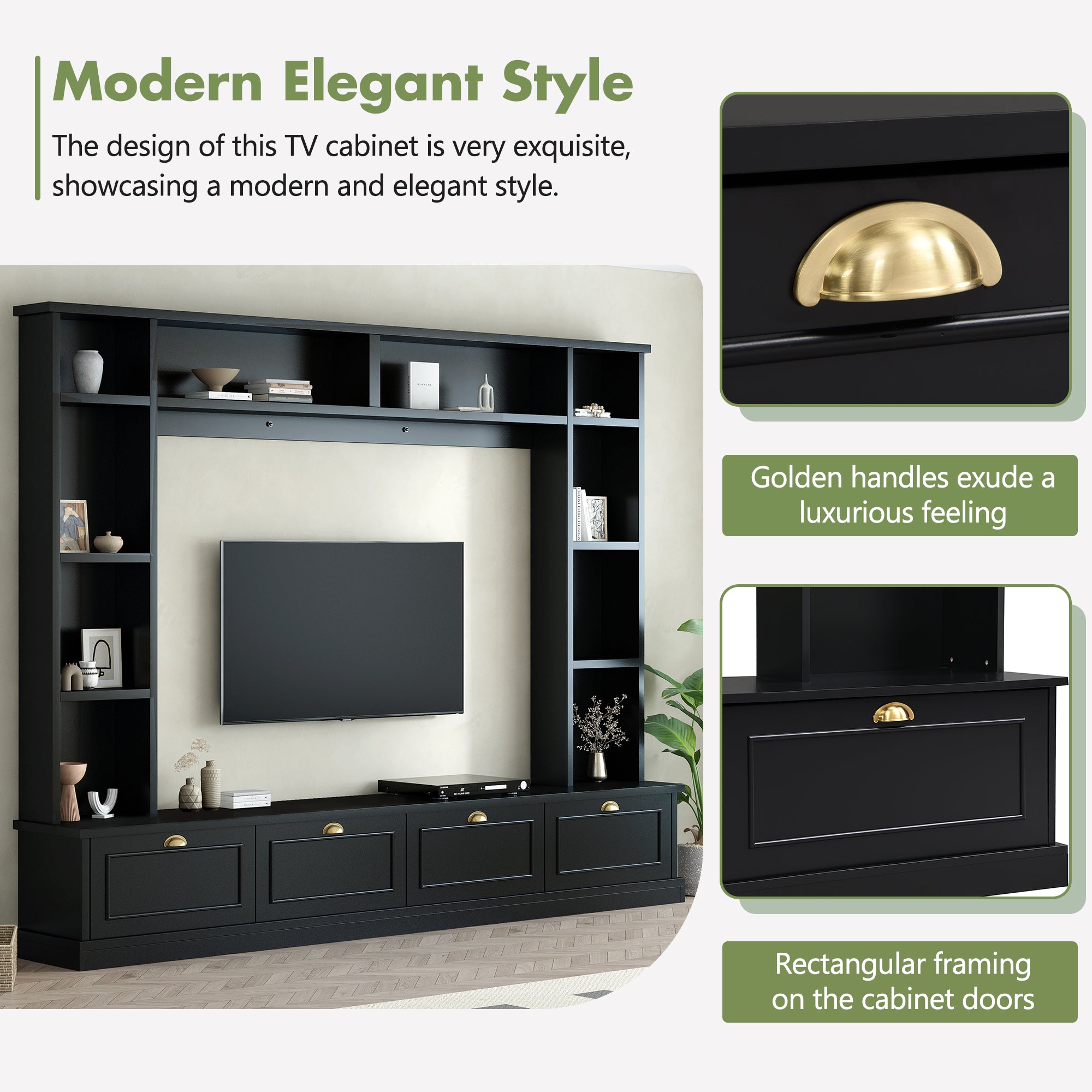 Large Wall Unit Entertainment Center with Bookshelves for TVs Up to 78" Modern TV Console with Cabinets and Open Shelves, 4-in-1 TV Stand with Golden Handles, Black, 104.2&