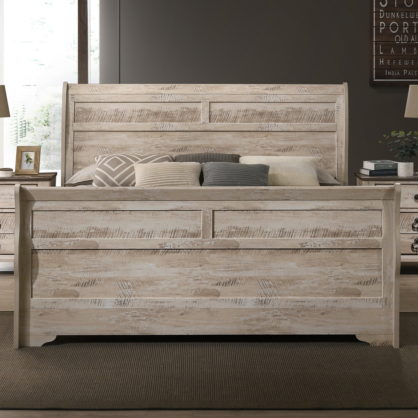 Imerland Contemporary White Wash Finish 3-Piece Bedroom Set-Sleigh Bed and Two Nightstands, King Size