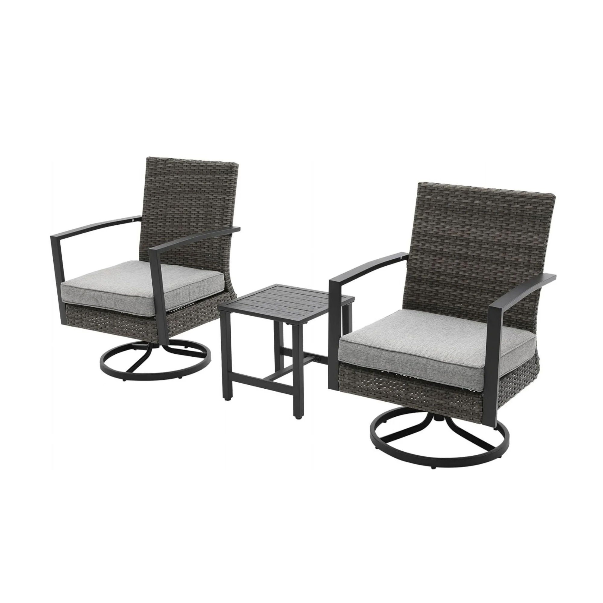 3 Piece Patio Furniture, Swivel Rocker Bistro Set With Side Table & Cushions For Porch - Gray