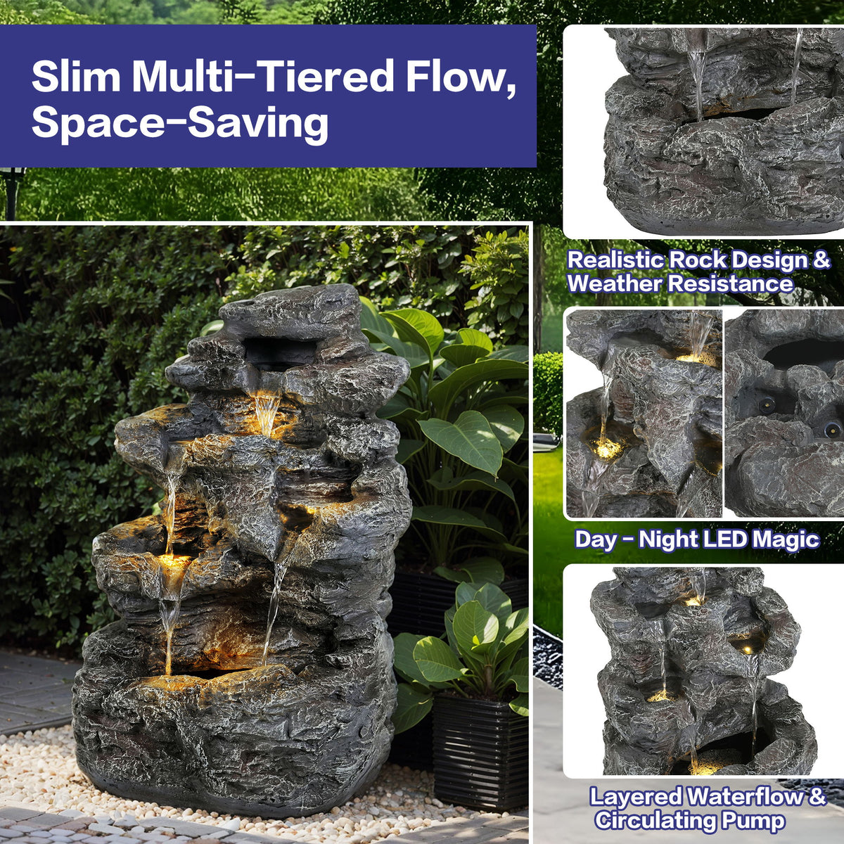 Concrete Rock Waterfall Fountain With LED Lights, Outdoor Garden Decor