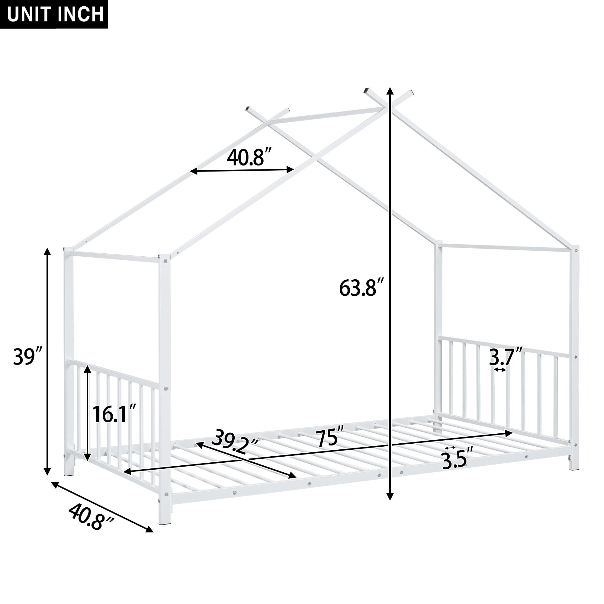 Twin Size Metal House Platform Bed - White
