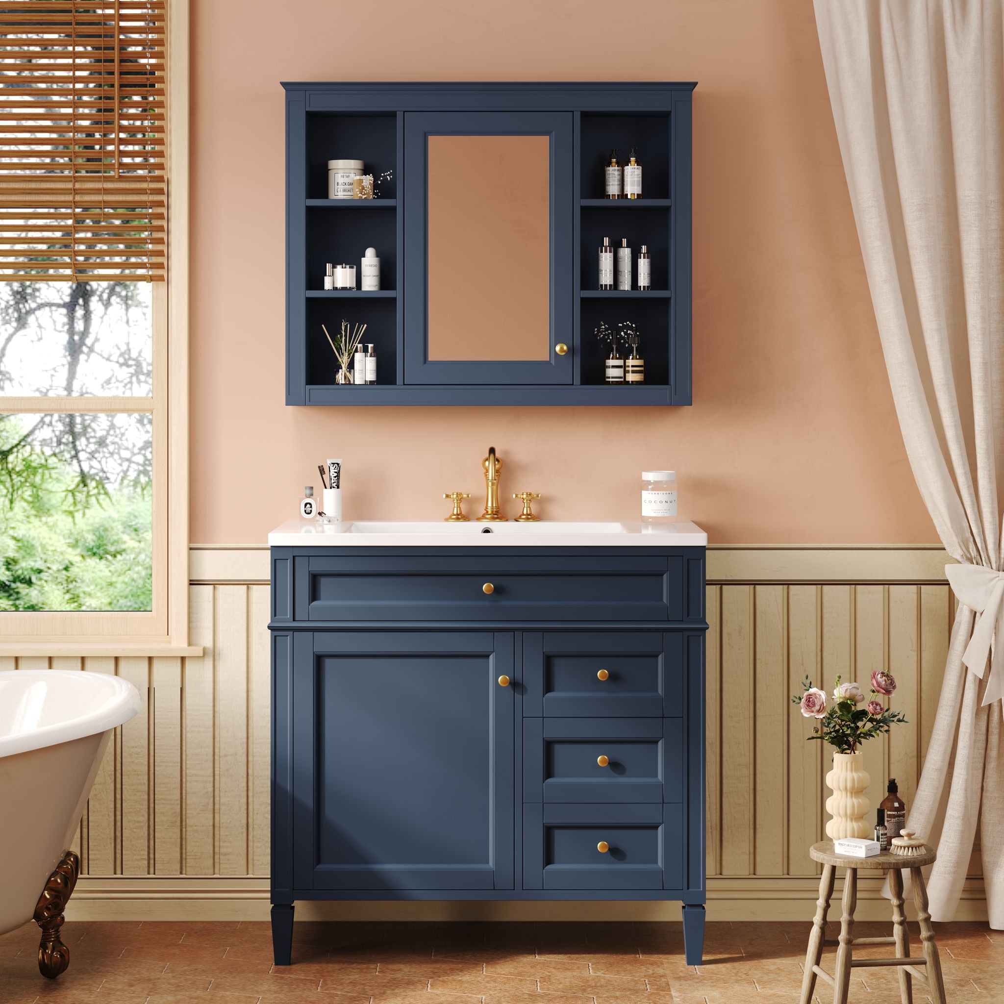 Bathroom Vanity With Top Sink, Storage Cabinet With Mirror, 2 Doors, 3 Drawers, 6 Open Shelves