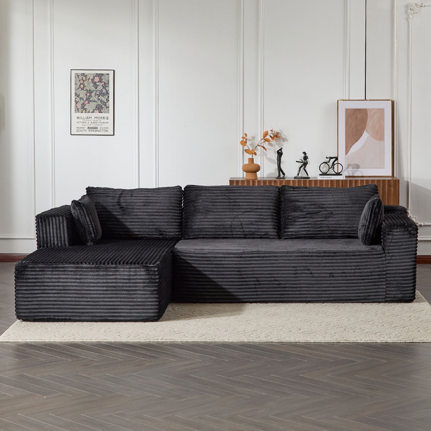 Compression Sectional Couch With Comfy Chaise, Boneless L Shape Sofa With Deep Seat