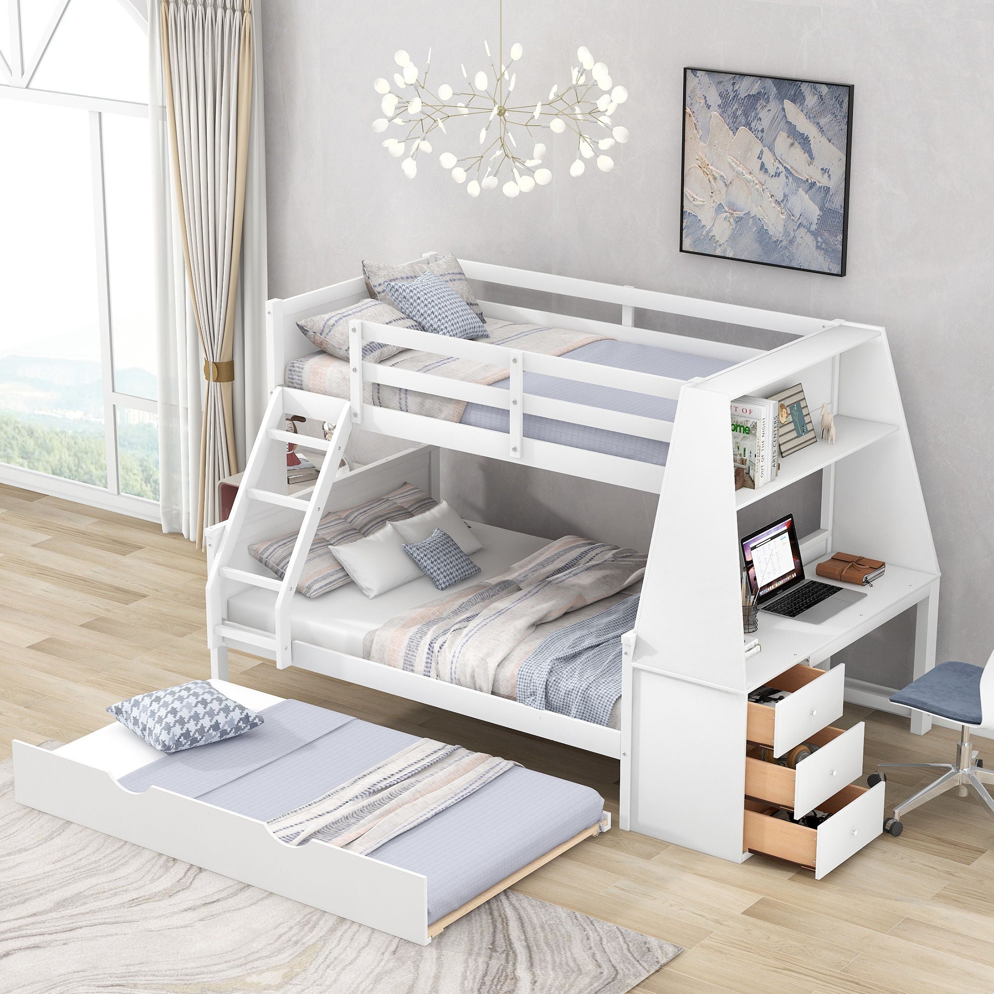 Bunk Bed With Trundle And Built In Desk, 3 Storage Drawers And Shelf