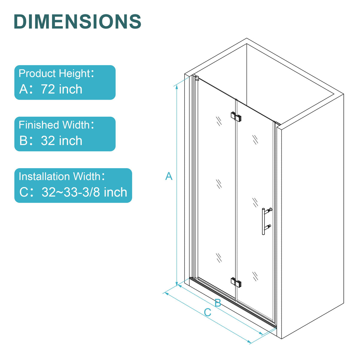 Fold Frameless Shower Door With Tempered Glass - Chrome