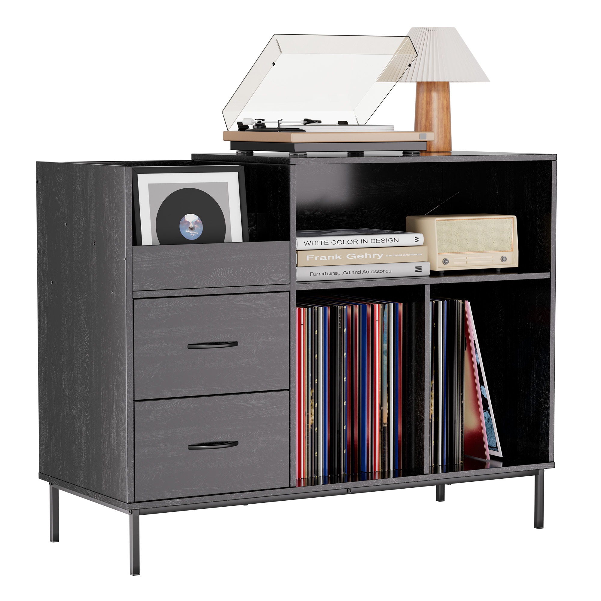 Record Player Stand With Power Outlet & Flip-Down Lid, Turntable Console With 2 Drawers And Storage For 300+ Vinyls, Some Assembly Required - Black
