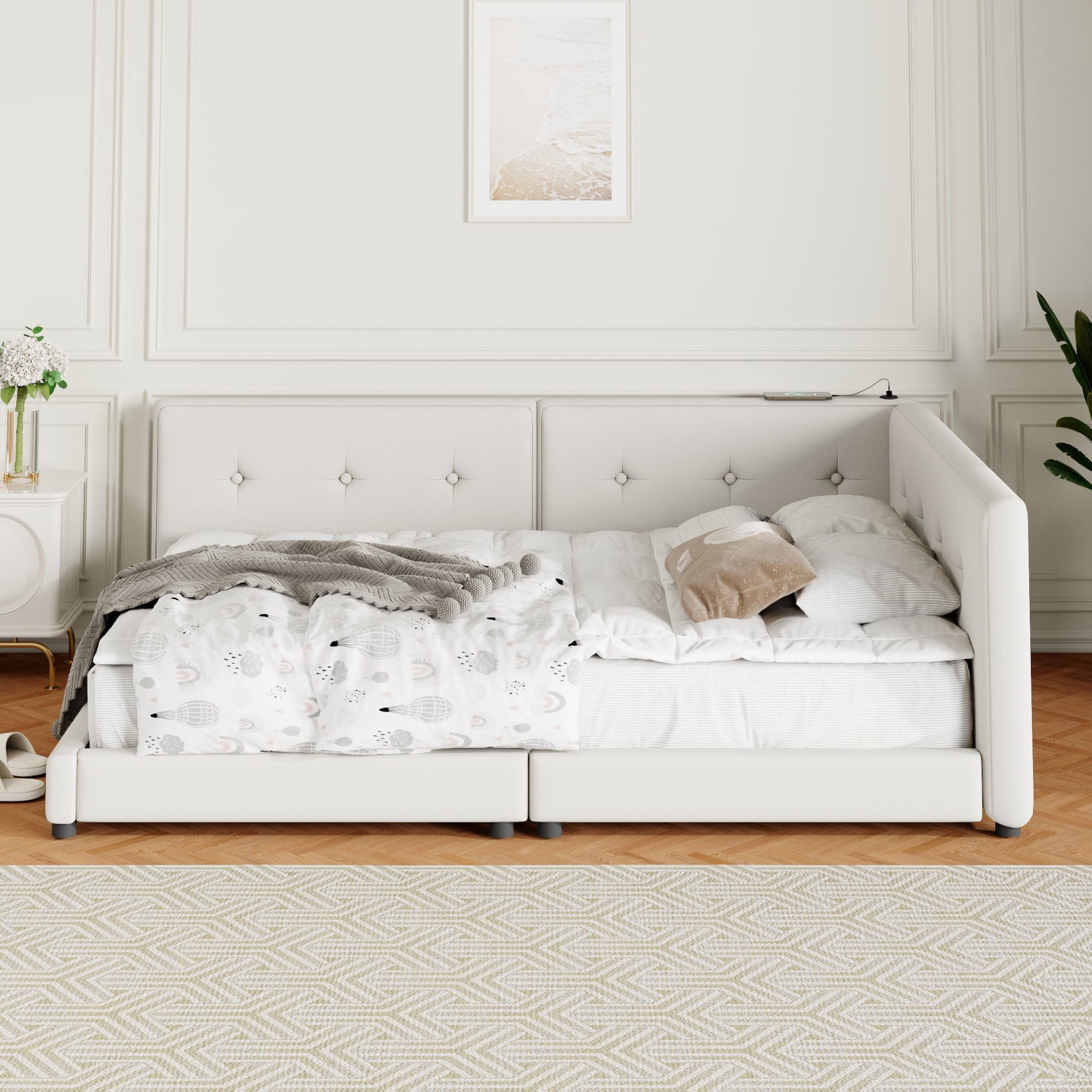 Modern Upholstered Platform Bed With USB Ports And LED Belt