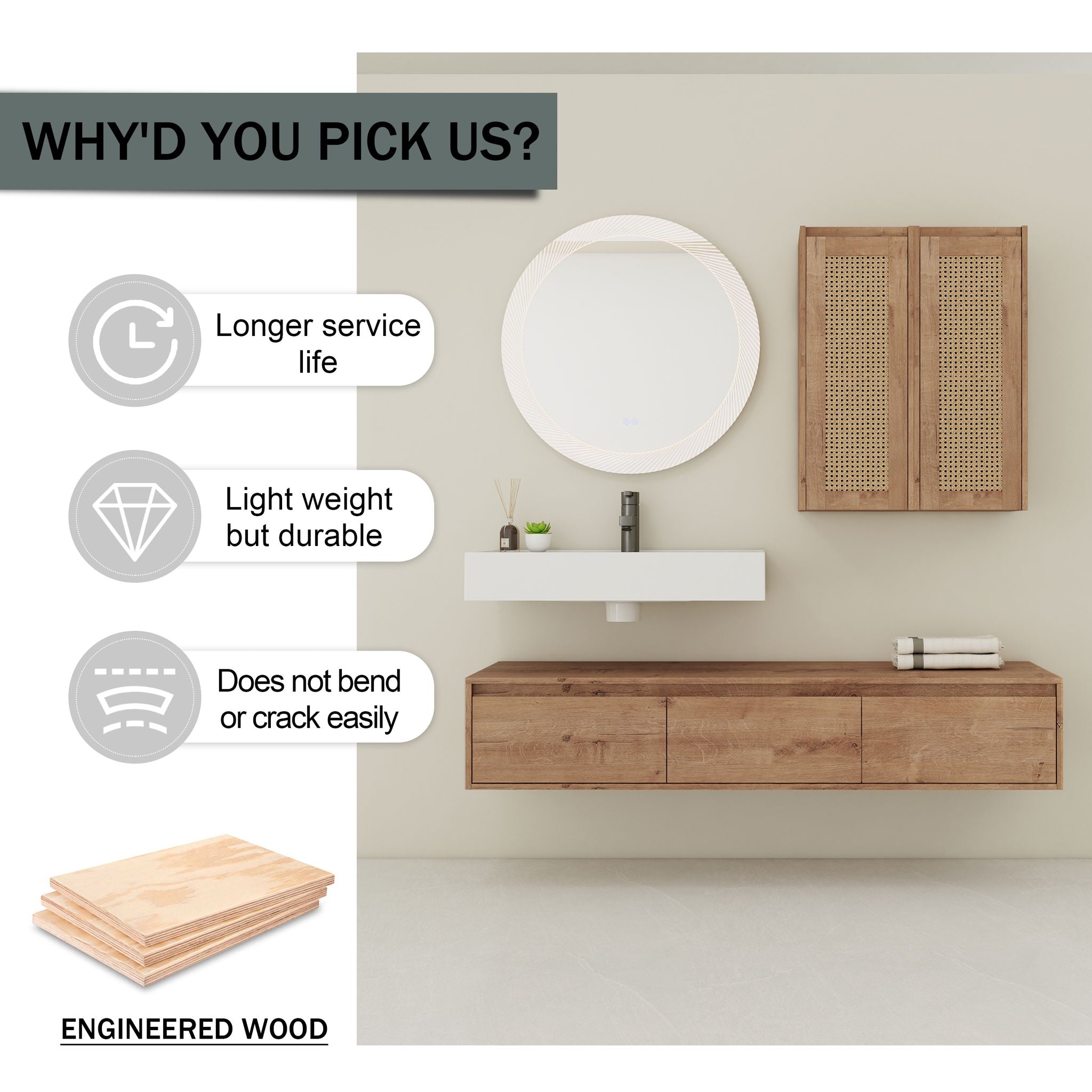 Modern Wall Mounted Bathroom Vanity With Resin Sink And 2 Side Cabinet, Imitative, Construction - Imitative Oak
