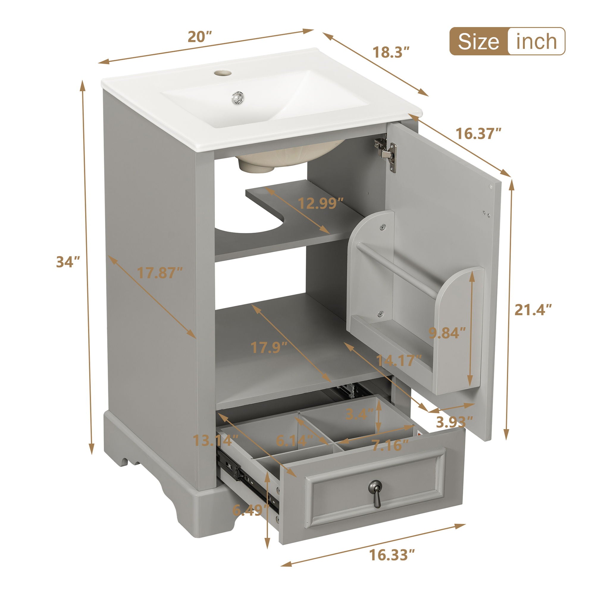 Bathroom Vanity With Sink, Soft Close Door, Adjustable U-Shaped Shelf