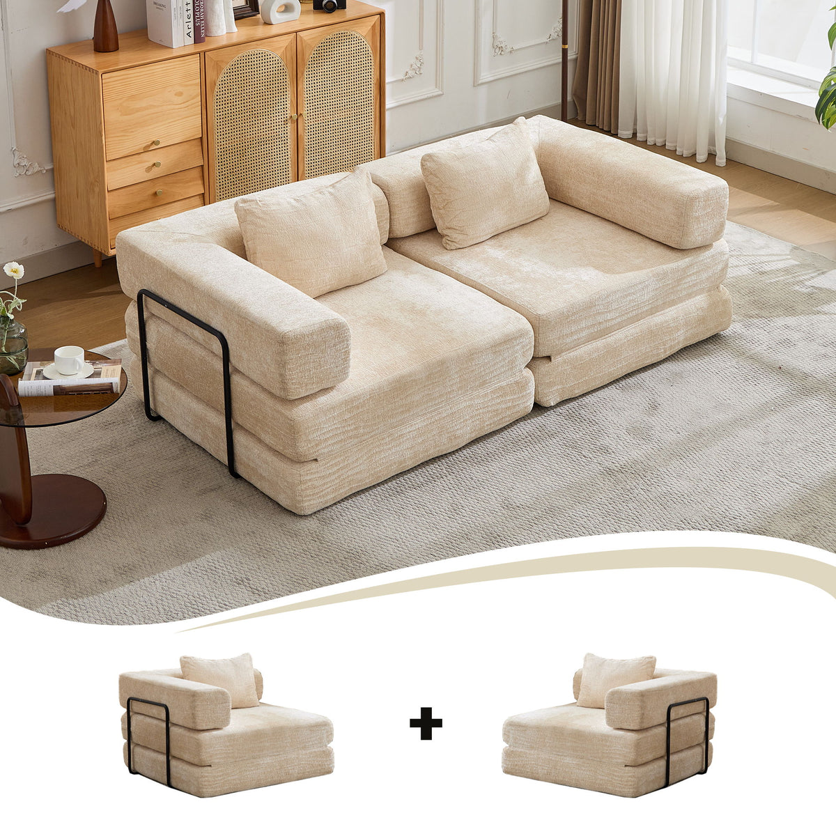 Convertible Floor Sofa Bed With Pillow Back Support Armrest