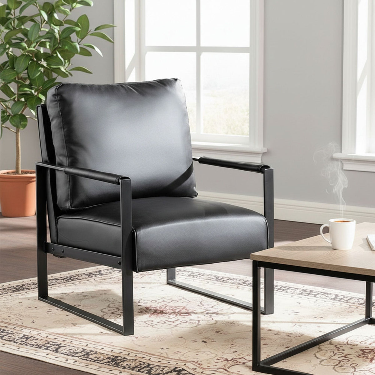Classic Mid Century Modern Accent Chair With Durable Square Metal Frame, Armchair