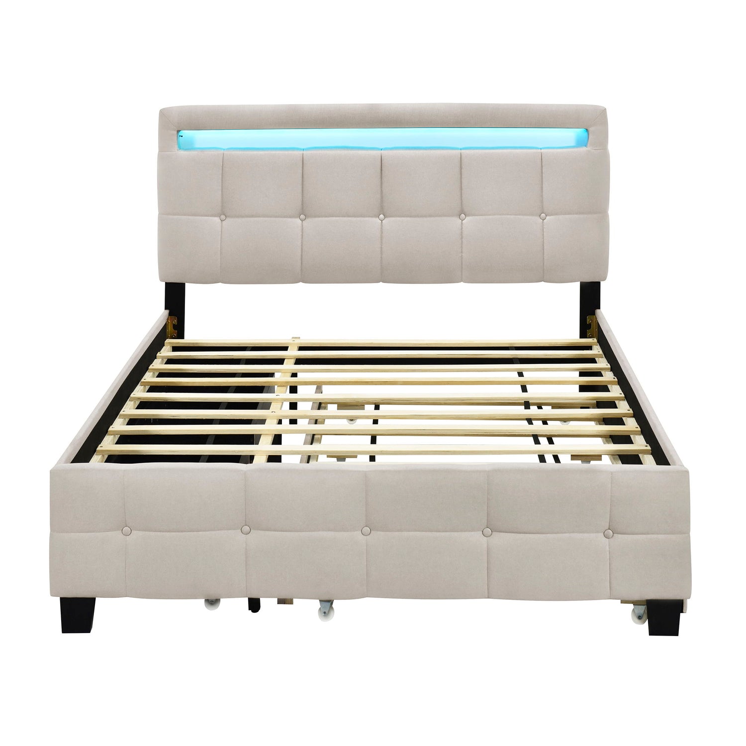 Upholstered Platform Bed With LED Frame, With Trundle And 2 Drawers
