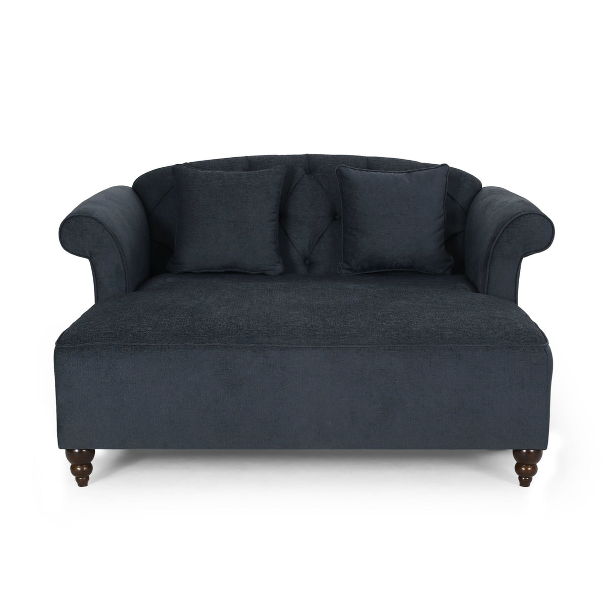 Upholstered Chaise Lounge With Scroll Arms, Turned Legs And 2 Pillows