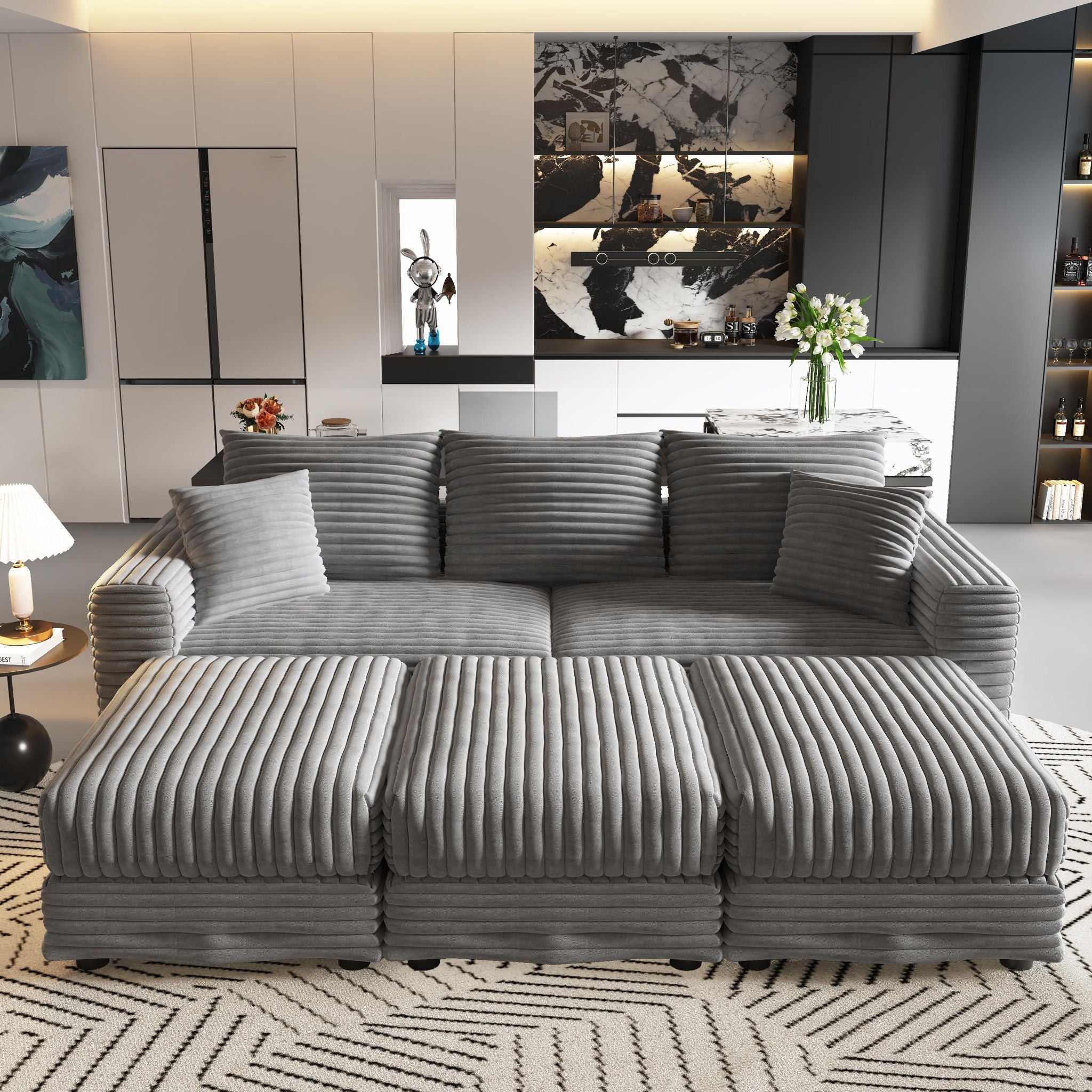 Convertible Deep Seat Sofa With Soft Pillows And Ottomans