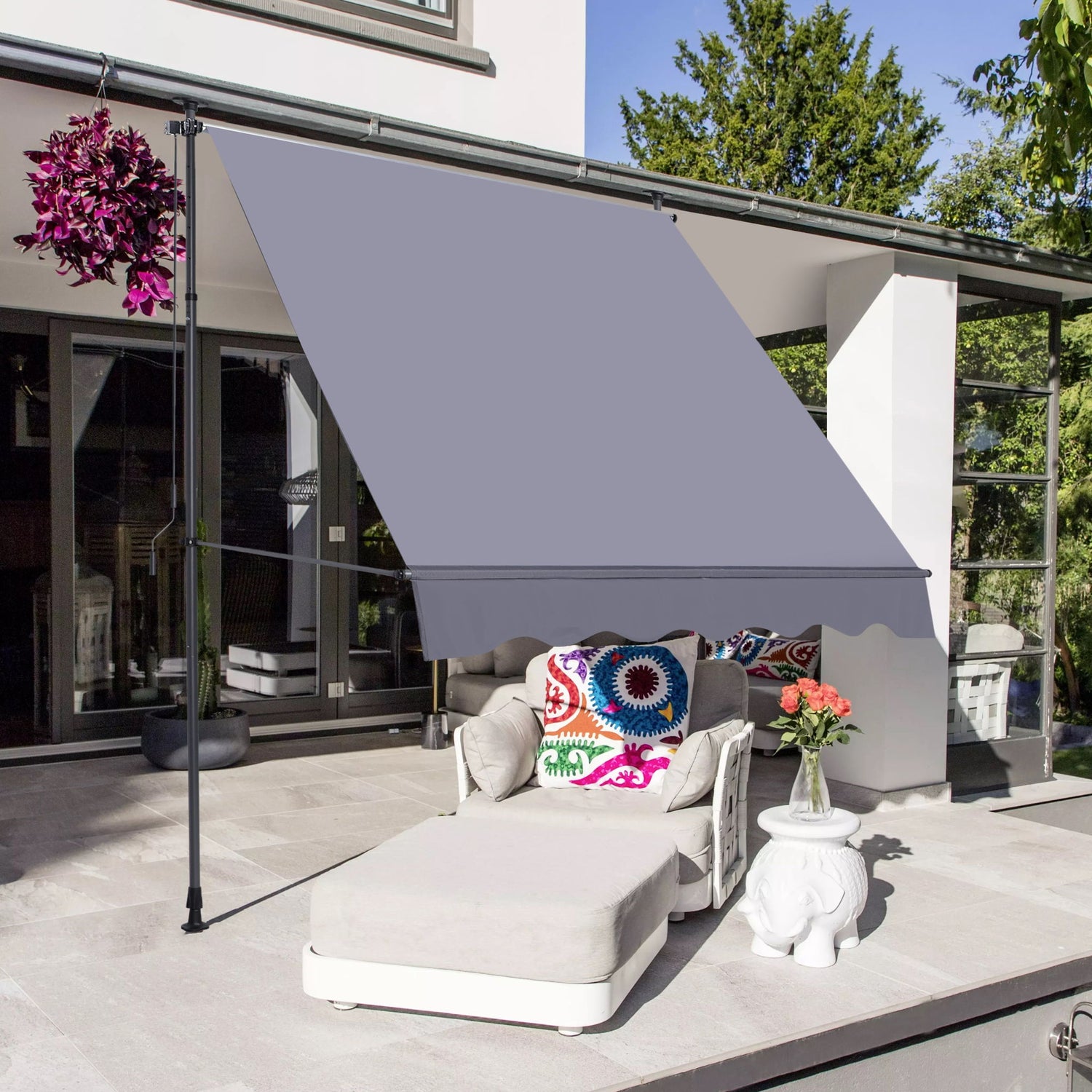 Manual Retractable Patio Awning, UV Resistant Polyester Sun Shade With No Drill Installation