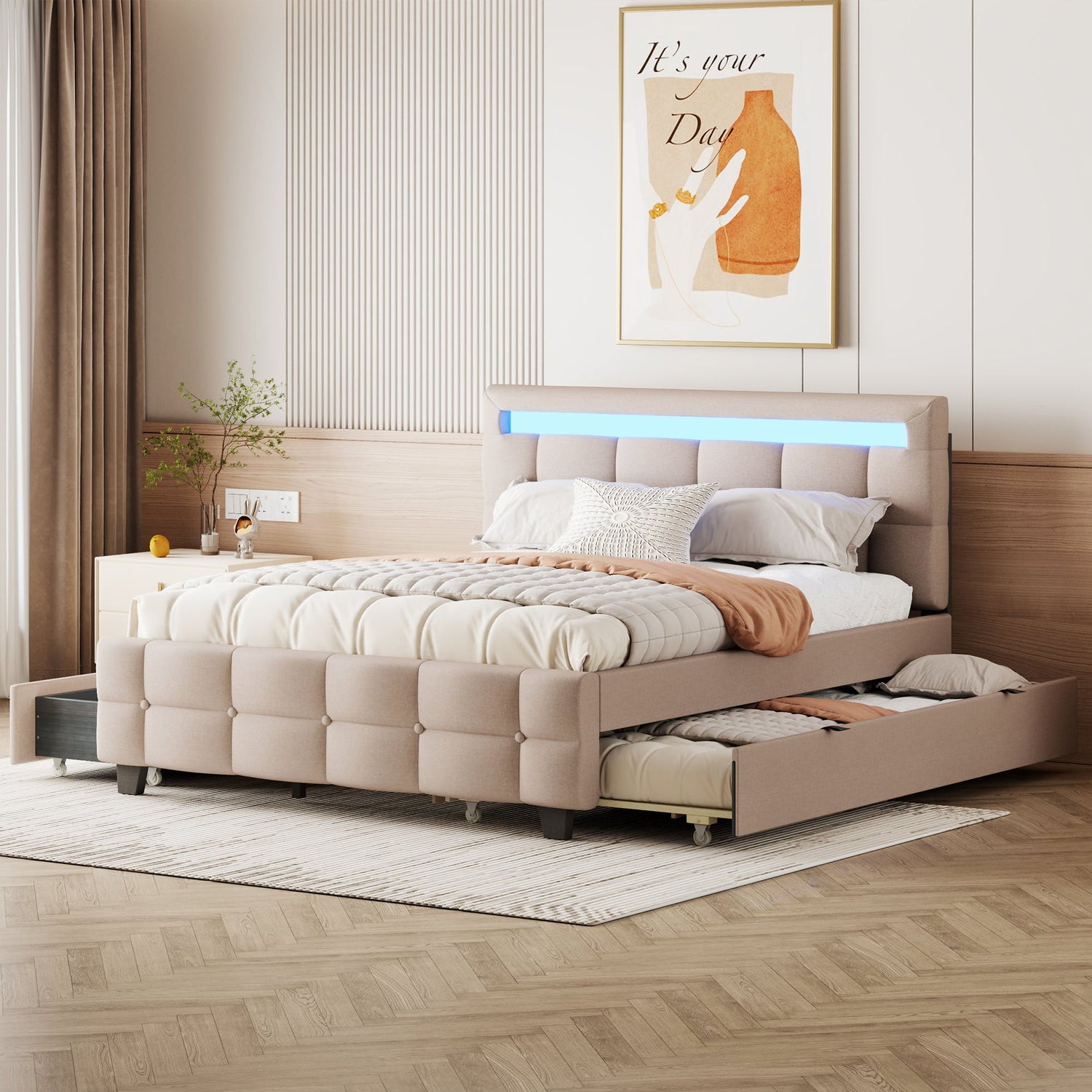 Upholstered Platform Bed With LED Frame, With Trundle And 2 Drawers