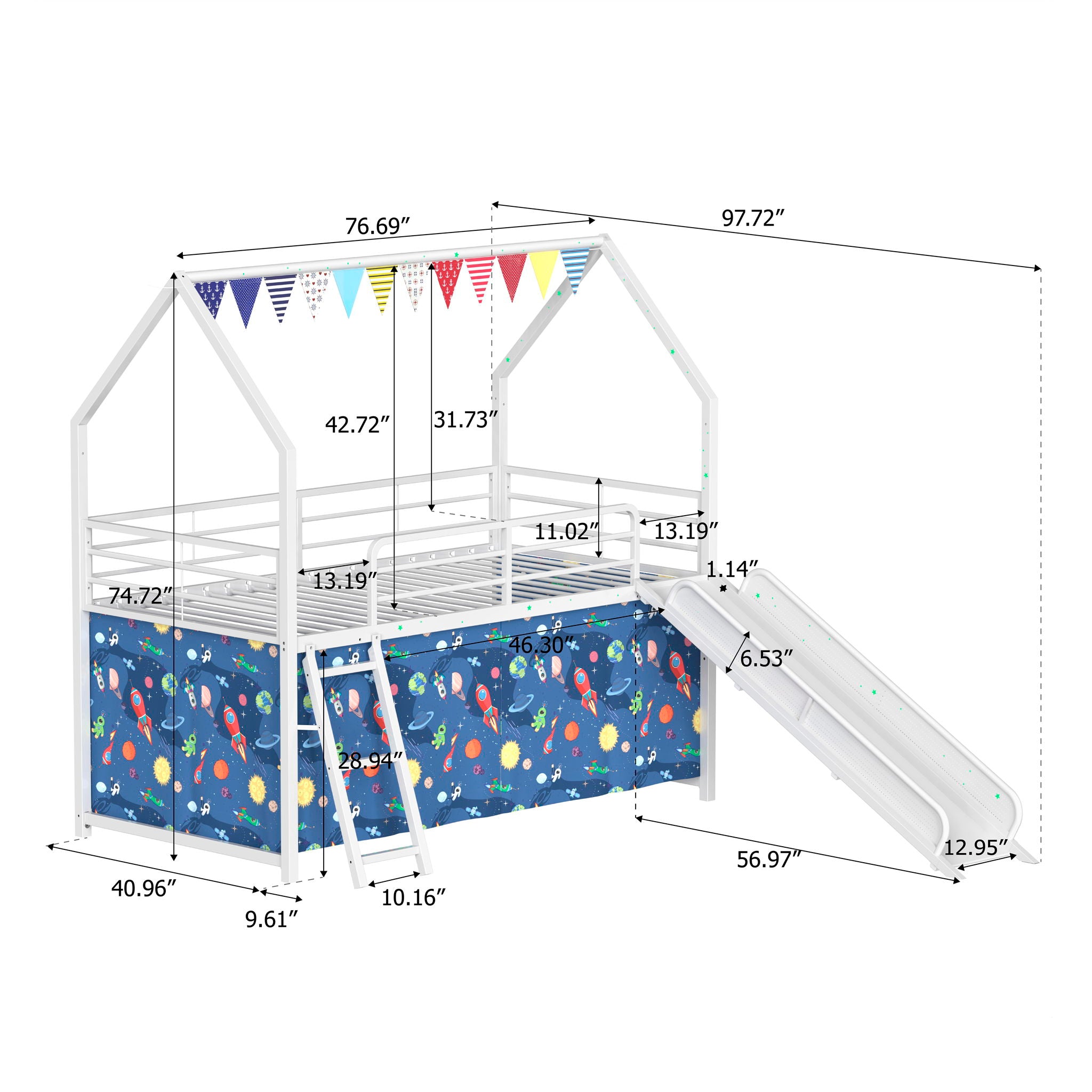 Jack - House Loft Bed With Slide And Curtain Set