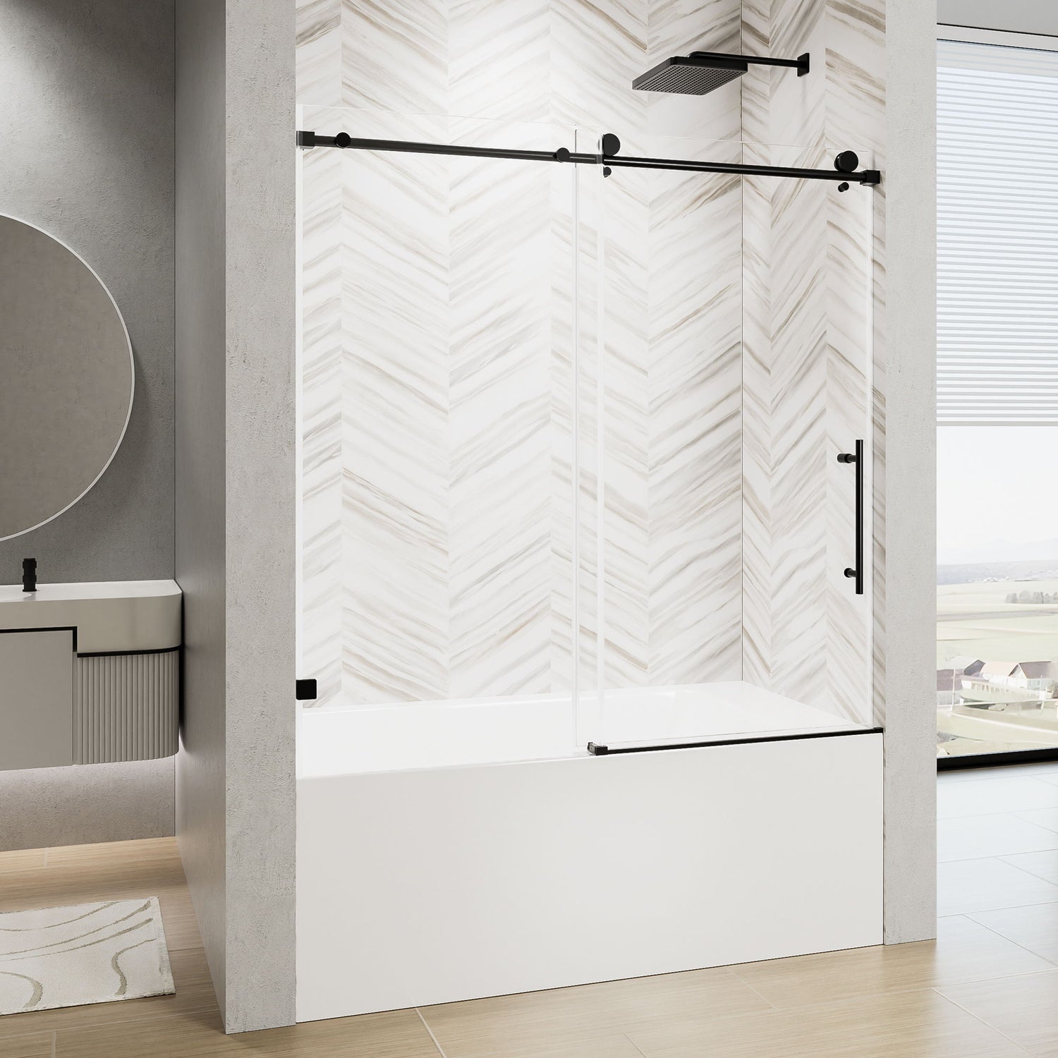 Frameless Single Sliding Shower Door With Soft Close, 5 / 16" Clear Nano Coated Tempered Glass, 60" X 60" - Matte Black