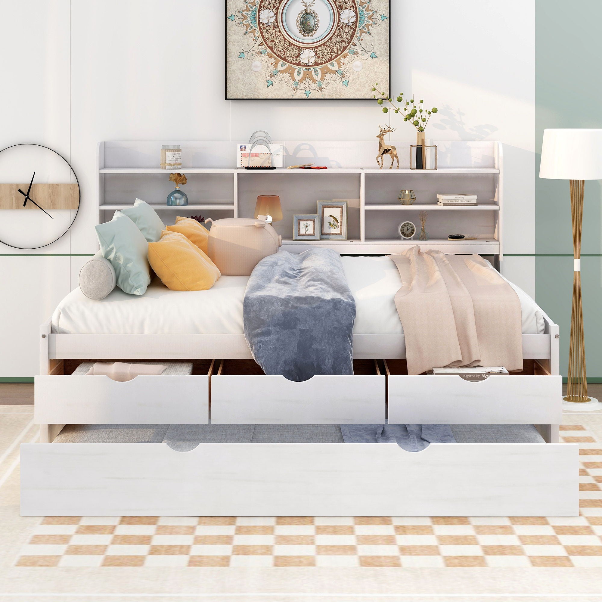 Captain Bed With Built In Bookshelves, 3 Storage Drawers, And Trundle