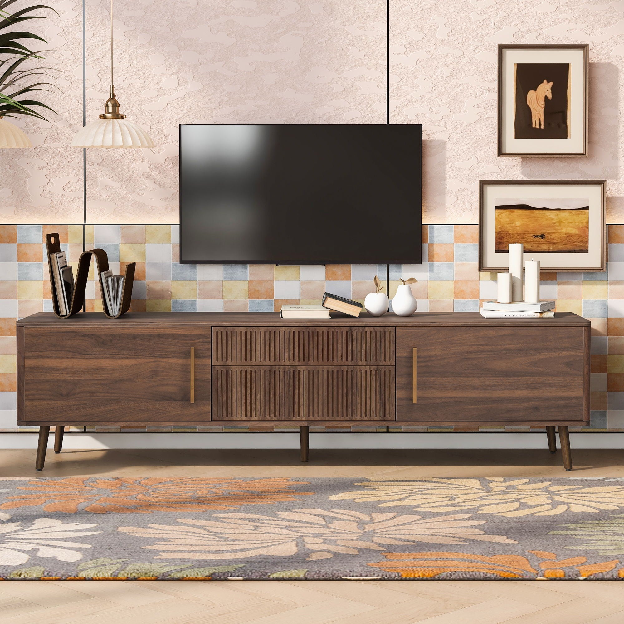 TV Stand With 2 Drawers, Media Console Table For TVs Up To 80&