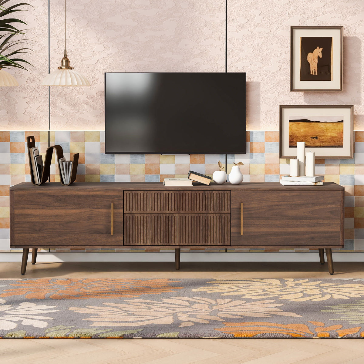 TV Stand With 2 Drawers, Media Console Table For TVs Up To 80&