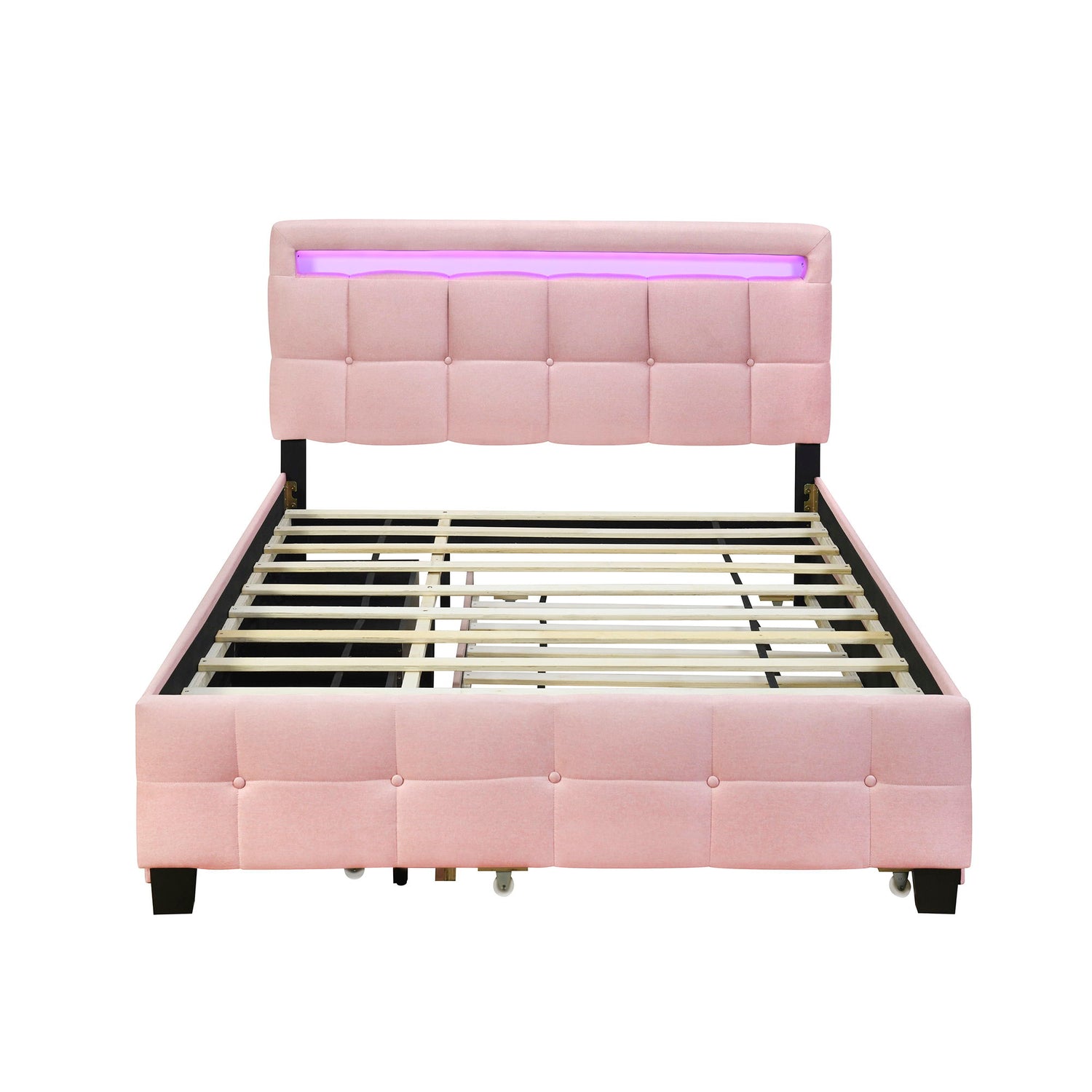 Upholstered Platform Bed With LED Frame, With Trundle And 2 Drawers