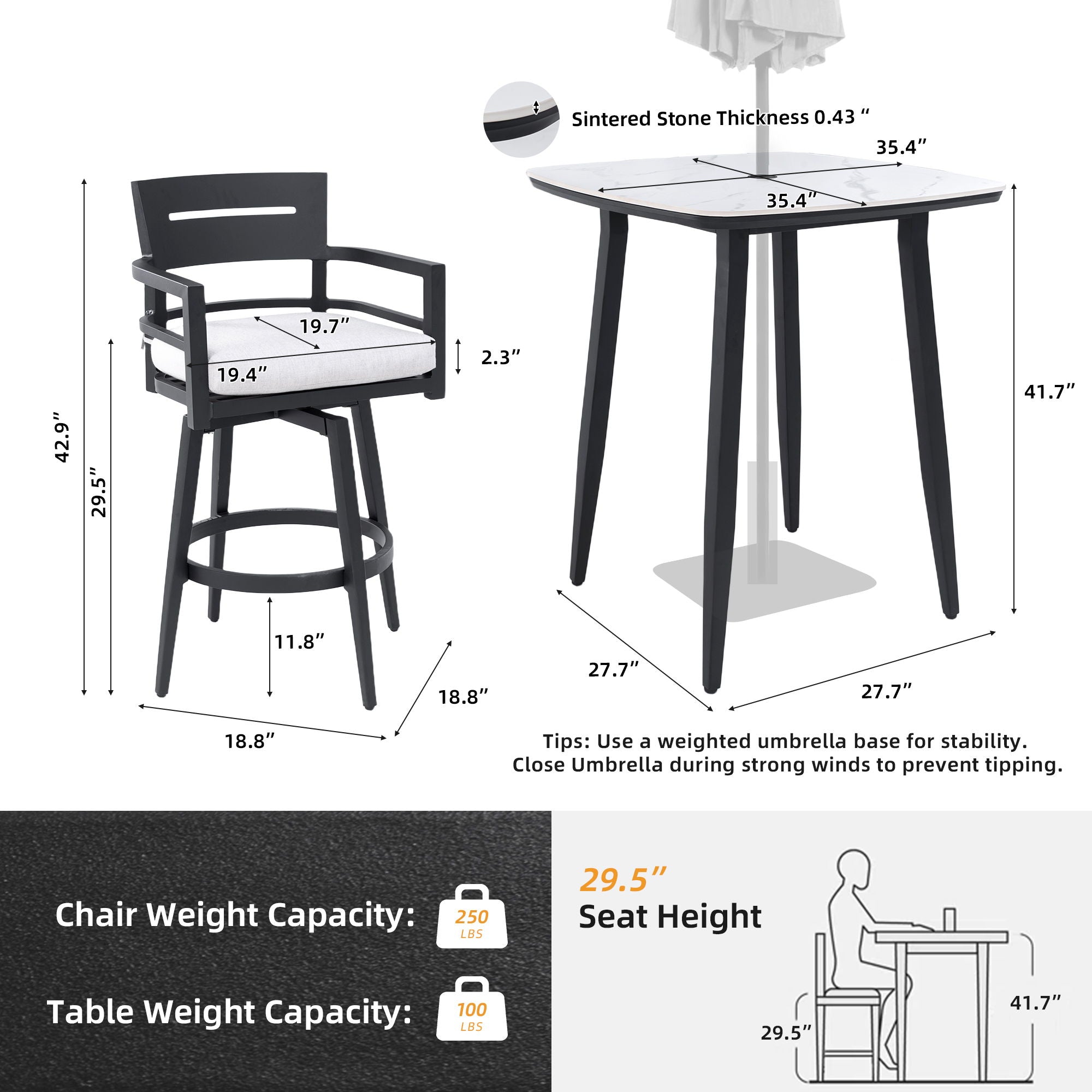 Modern Outdoor Patio Bar Set, Rounded Square Table & Bar Chairs, Non Rust Frame, Tapered Legs, Sunbrella Cushion