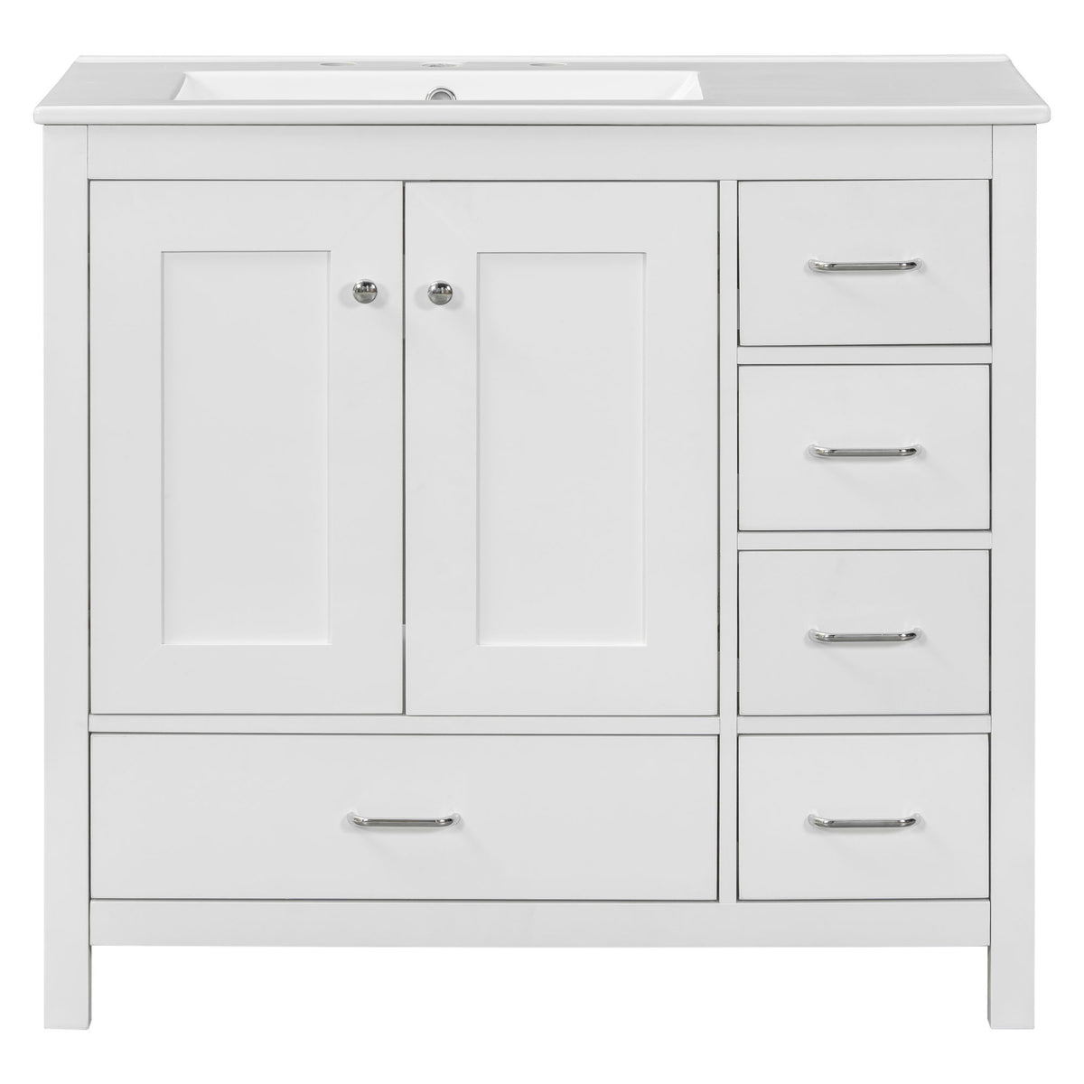 Bathroom Vanity With Ceramic Sink Combo, Abundant Storage Cabinet 2 Soft Close Doors And 5 Drawers