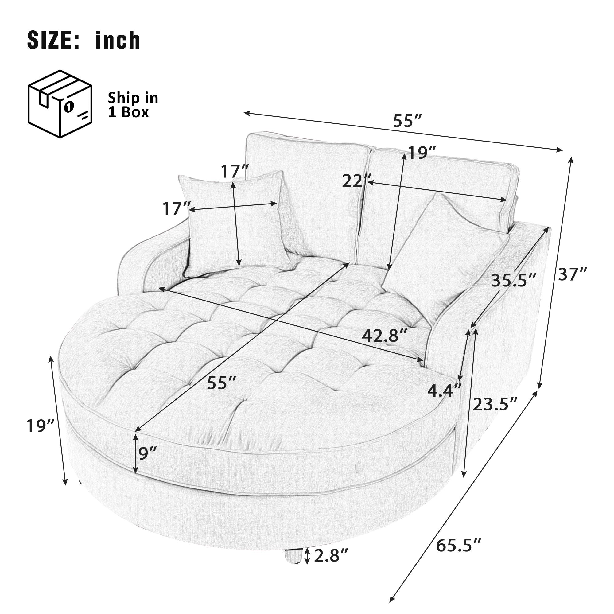 Modern Chaise Lounge Upholstered Sofa Couch With Tufted Seat And Detachable Pillows For Living Room
