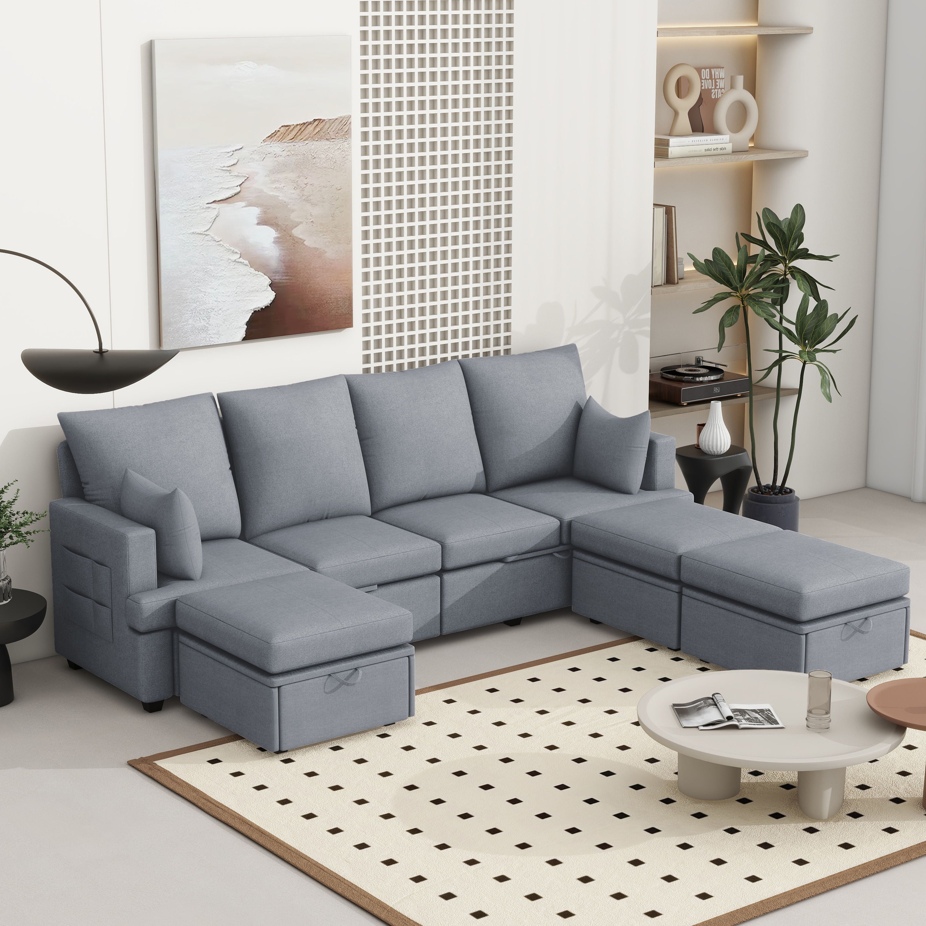 Modern Modular Sofa, 6 Seat Chenile Sectional Couch Set With 2 Pilows Included, Freely Combinable