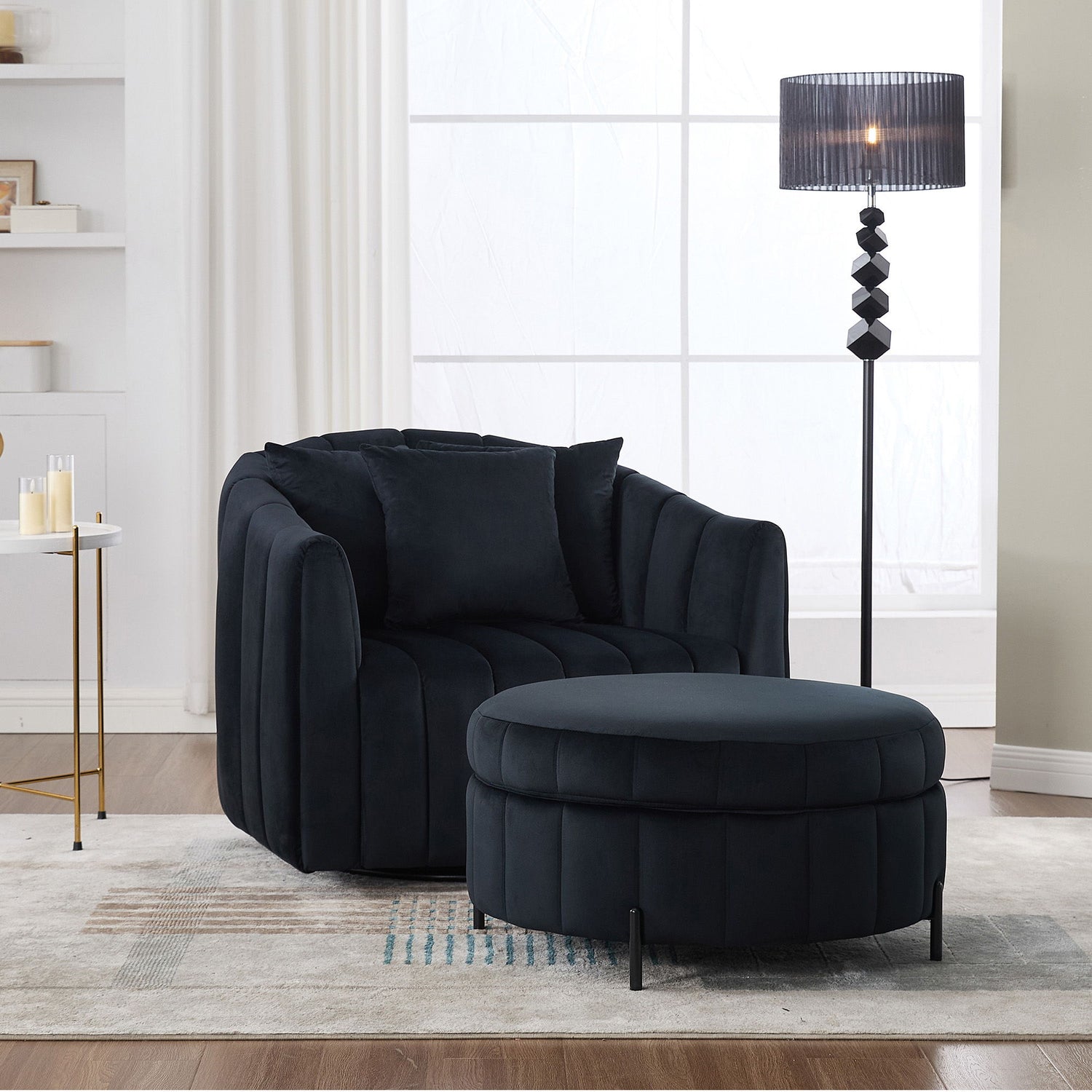 Oversized Velvet Swivel Barrel Accent Chair And Ottoman Set With Storage