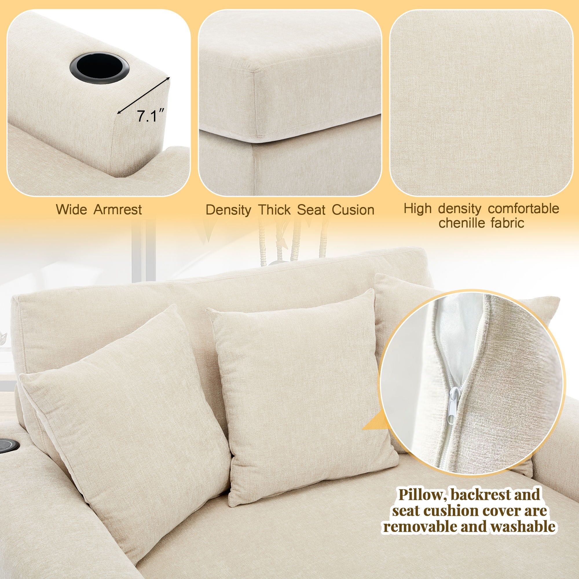 Oversized Chaise Lounger Modern Style Sofa Couch, With Pillows, Charge Station & Cup Holders
